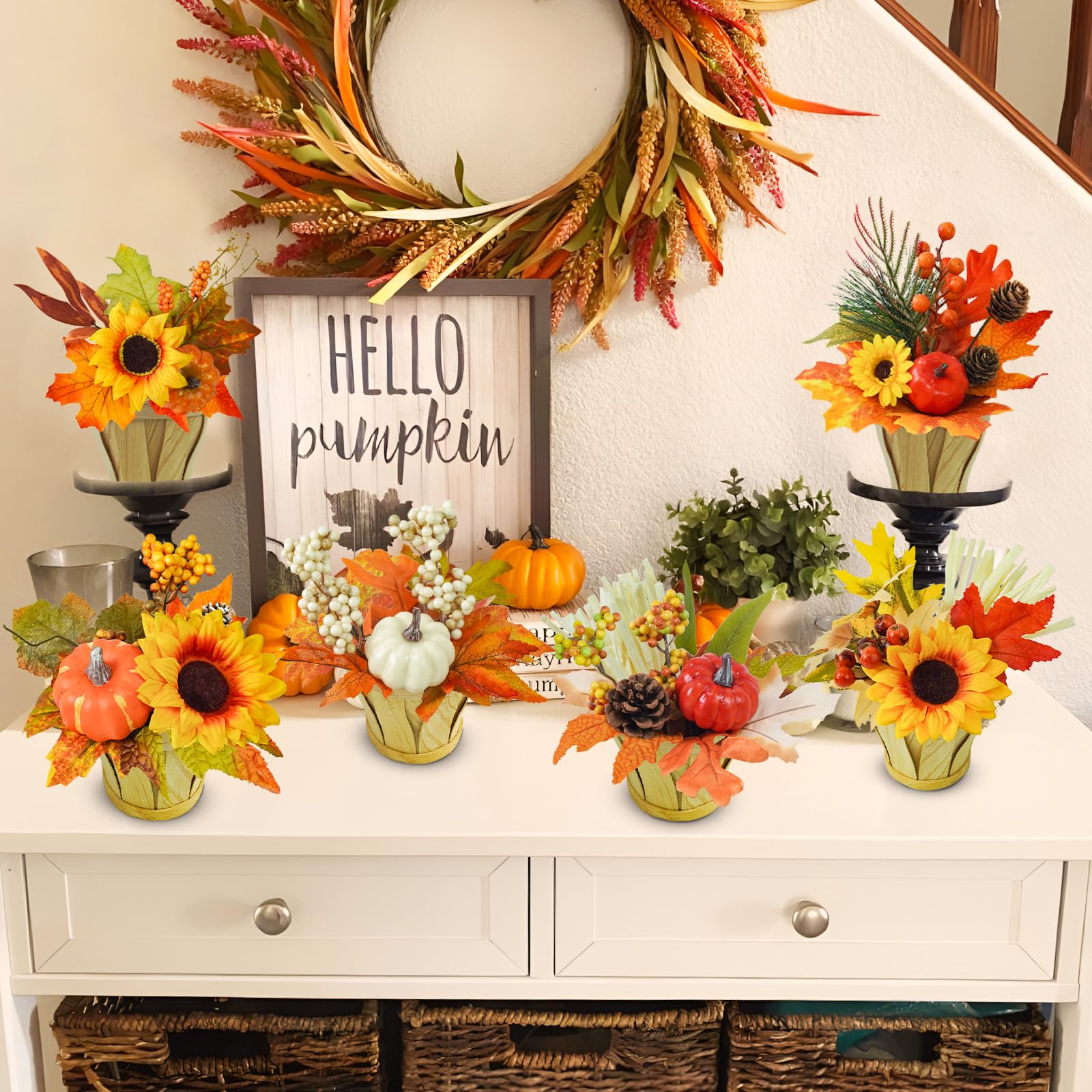 6 decorazioni autunnali da tavolo, graziosi centrotavola autunnali con zucche bianche arancioni da tavolo, decorazioni autunnali per casa, autunno, raccolto, cucina, camino, caminetto,