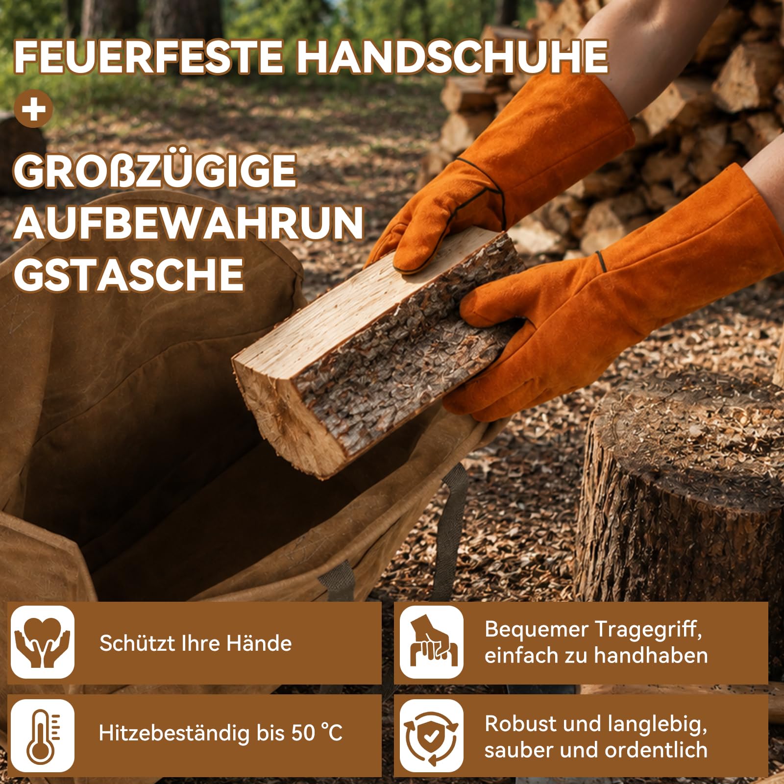 Borsa per legna da ardere, borsa per legna da ardere con guanti ignifughi