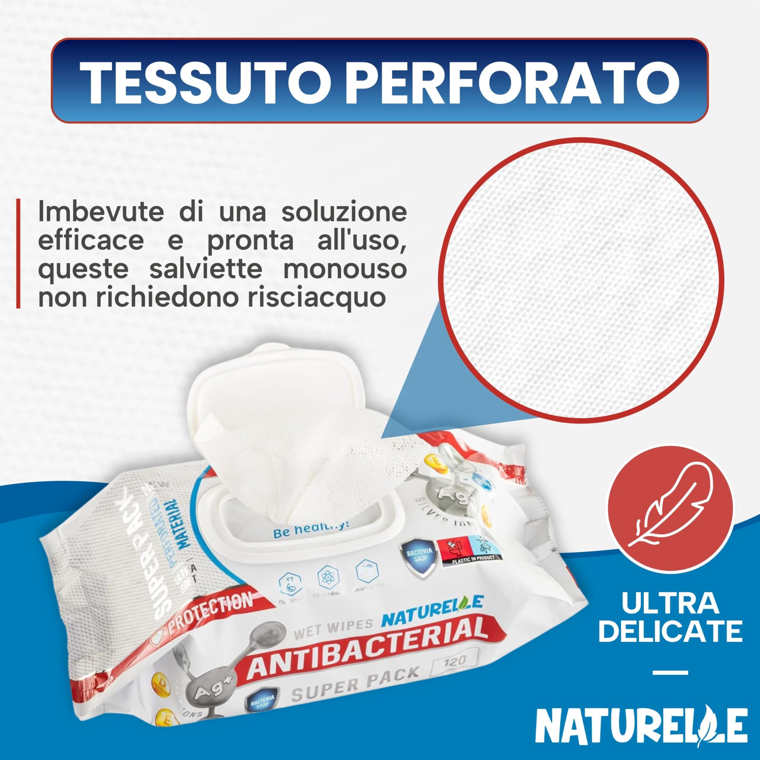 Naturelle Salviettine umidificate antibatteriche - Reti per superfici e mani, 1440 salviette (12 confezioni da 120)