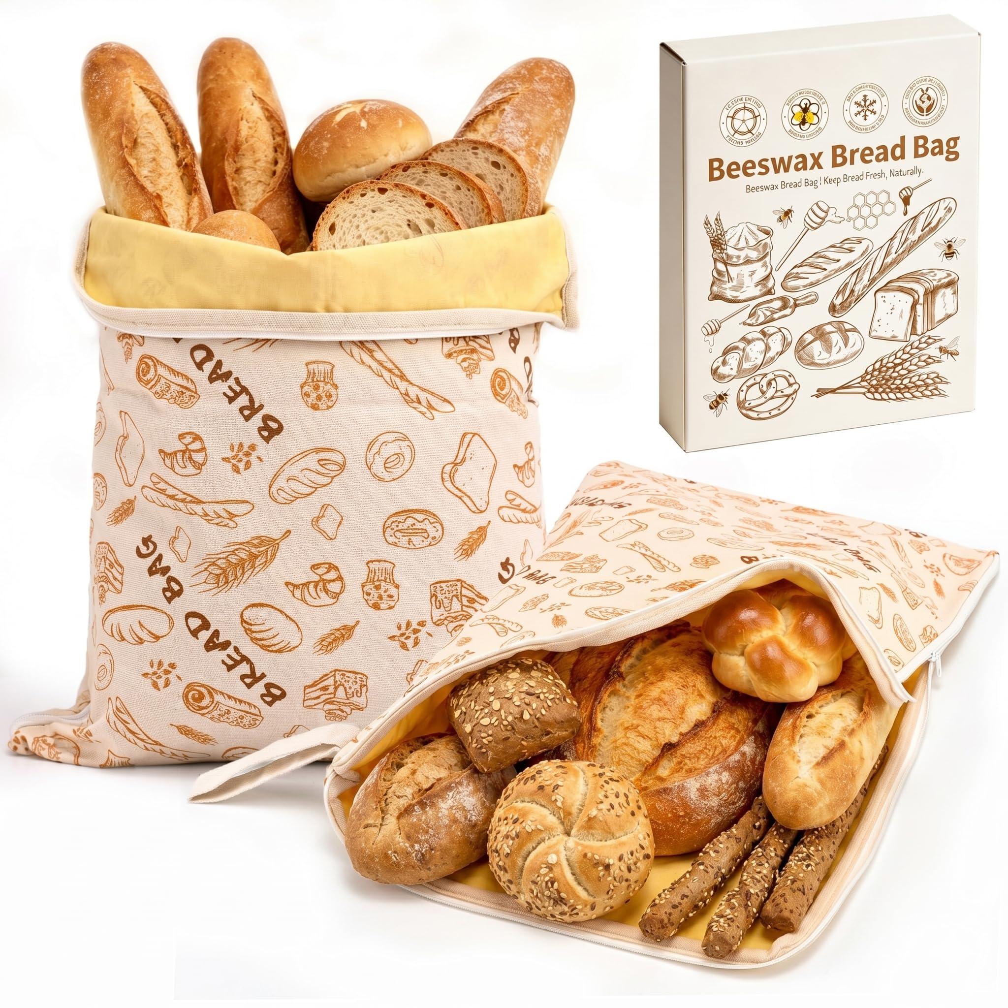 AHJ Sac à Pain en Cire d’Abeille avec Fermeture Éclair, Lot de 2 Sacs Réutilisables 43 x 33 cm, Conservation du Levain Maison, Baguette et Produits de Boulangerie