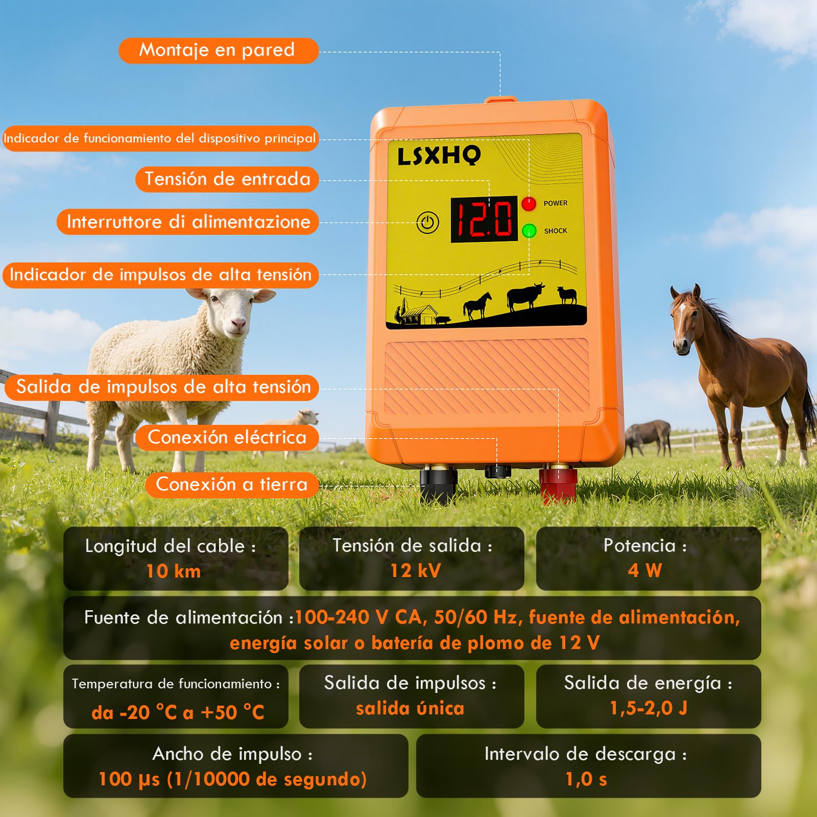 10 km Cerca Eléctrica para Ganado y Animales, Energizador de Cerca Eléctrica de Corriente de Salida 12 kV 2,0 J con Pantalla LED, Protección para Caballos, Ovejas, Jardín, Pastos y Granja (Naranja)
