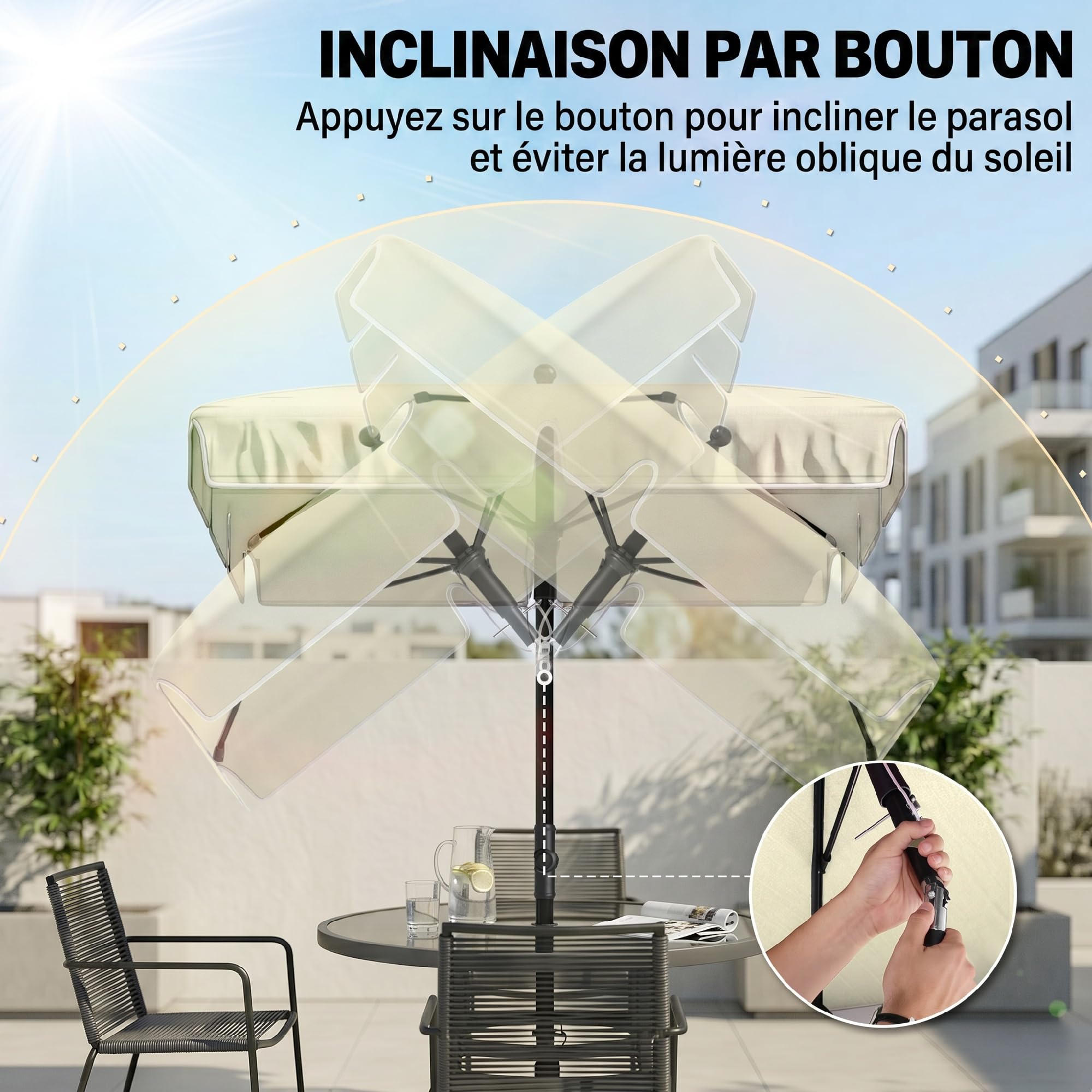 Outsunny Parasol de Jardin Rectangulaire Inclinable 2 x 1,3 m Beige Clair | Parasol Droit, Alu Métal, Polyester Haute Densité