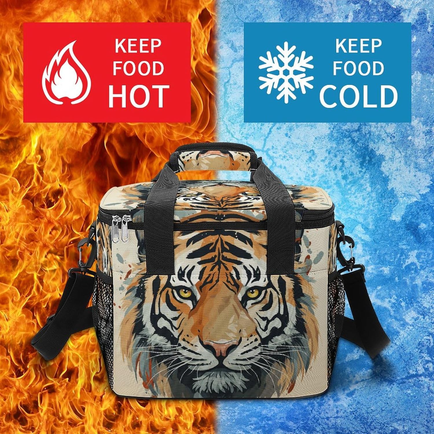 Camping Ice Pack, Year of The Tiger Tiger Face Print Cooler Bag, 22.5L Large Capacity Insulated Lunch Tote Bag for Outdoor, Picnic, BBQ, Travel, Work