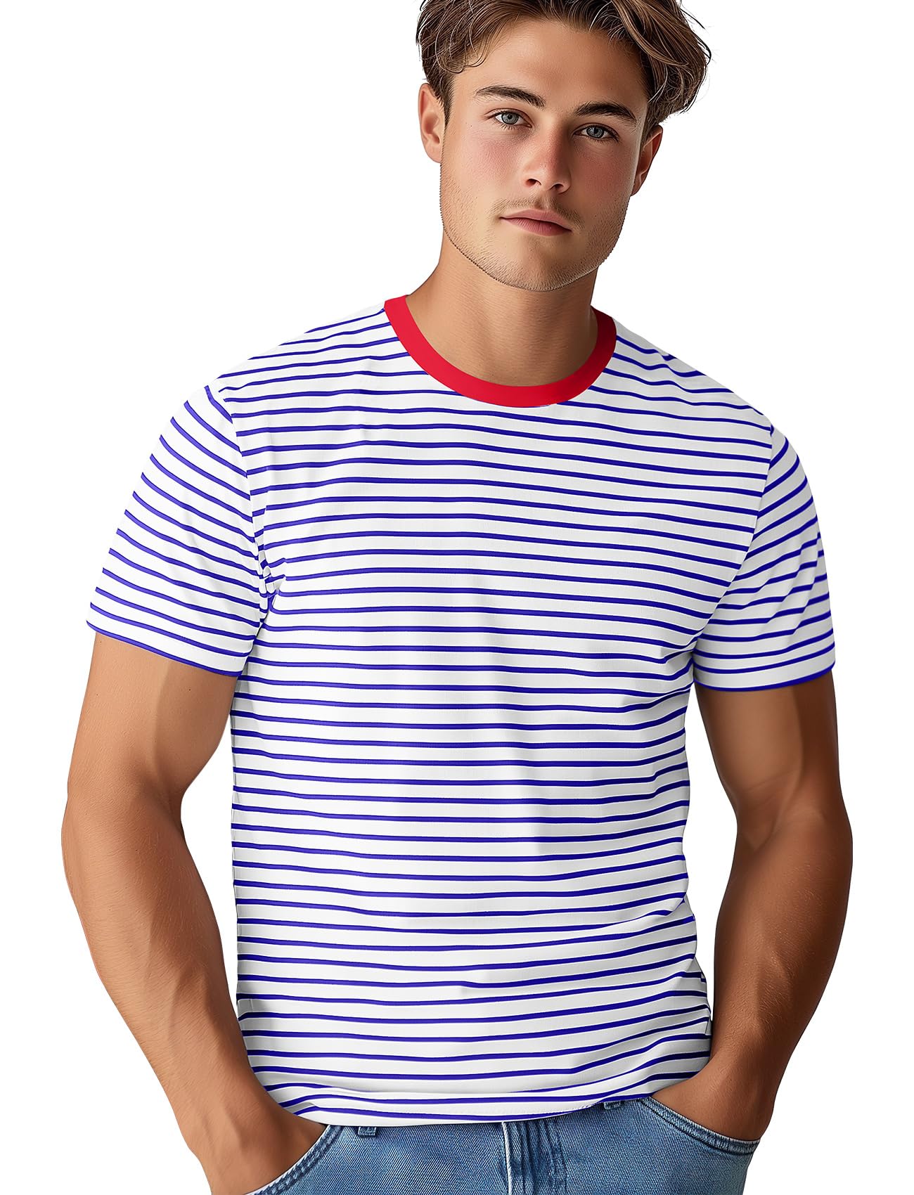 Zengjo Mens Striped T Shirt Short/Long Sleeve Crewneck Tee