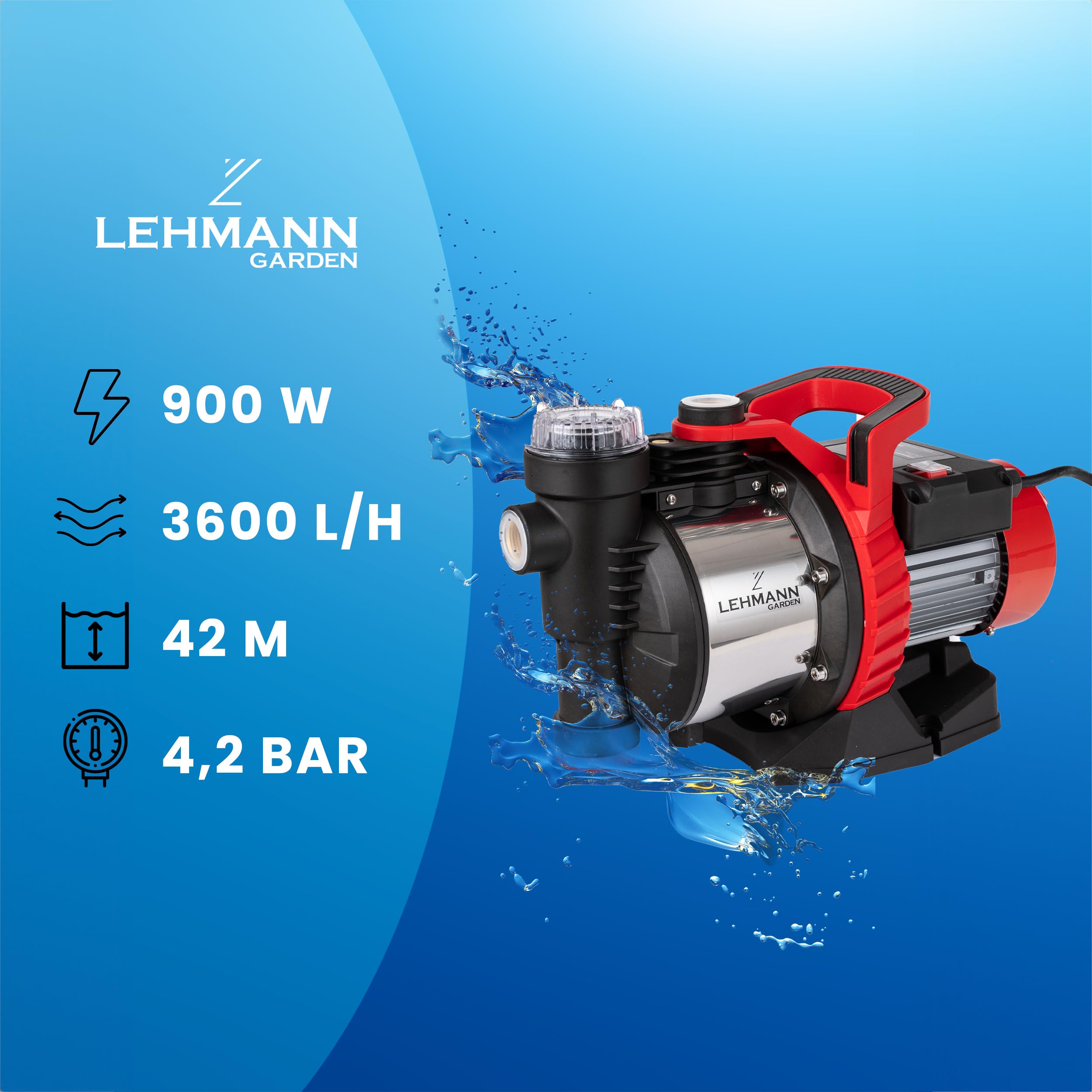LEHMANNN Gartenpumpe BP1, 900 W, Förderleistung 3600 L/h, 4,2 bar Druck, max. Ansaughöhe: 8 m & Förderhöhe 42 m, Selbstansaugende, Pumpengehäuse aus Edelstahl, IPX4, ergonomische Tragegriff