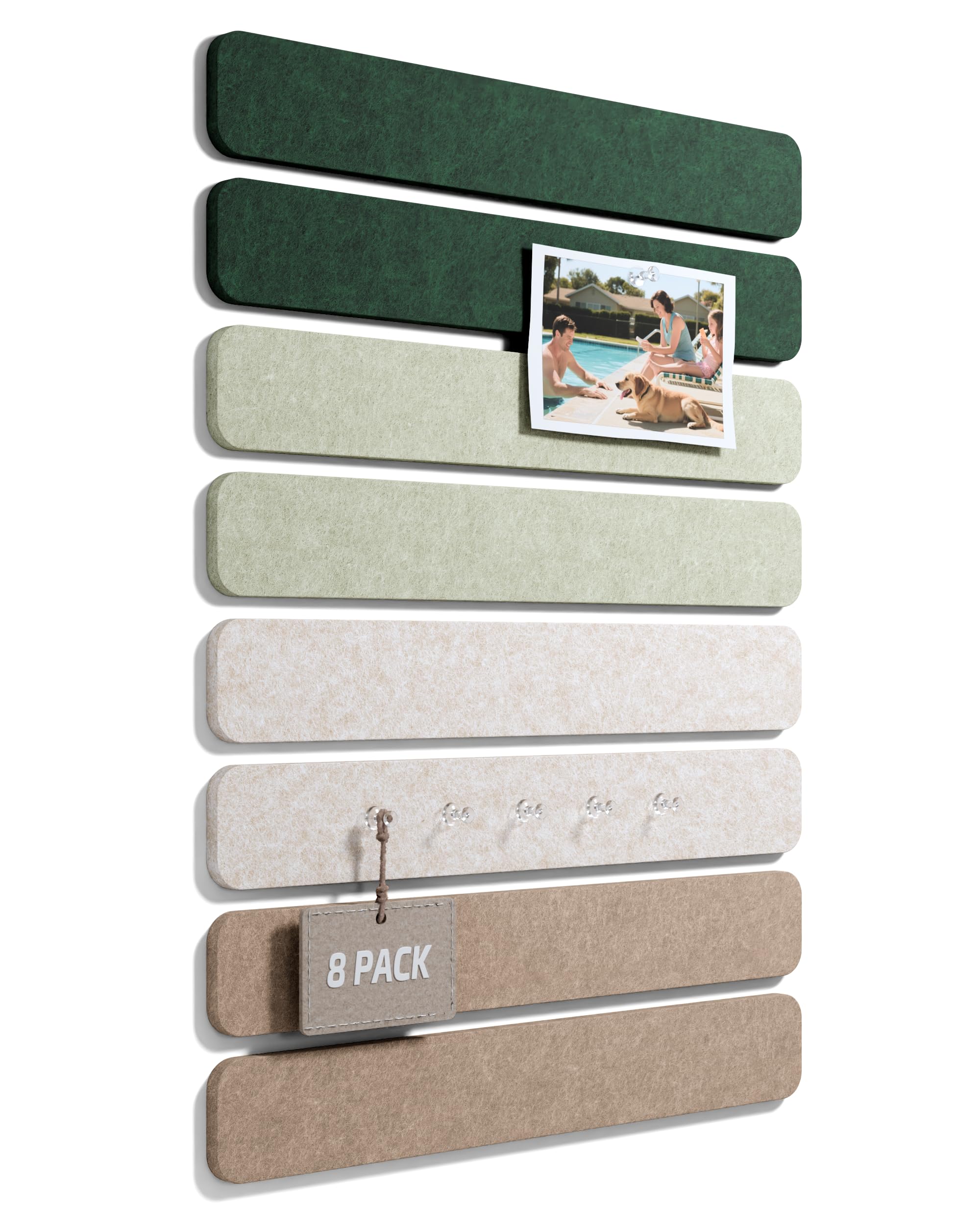 Fluxynara Cork Board Alternative Felt Strip Board 8-Pack 33x5 cm, Office Pin Board with Push Pins, Adhesive Install for Bedroom Door & Home Office (Nordic Moss)