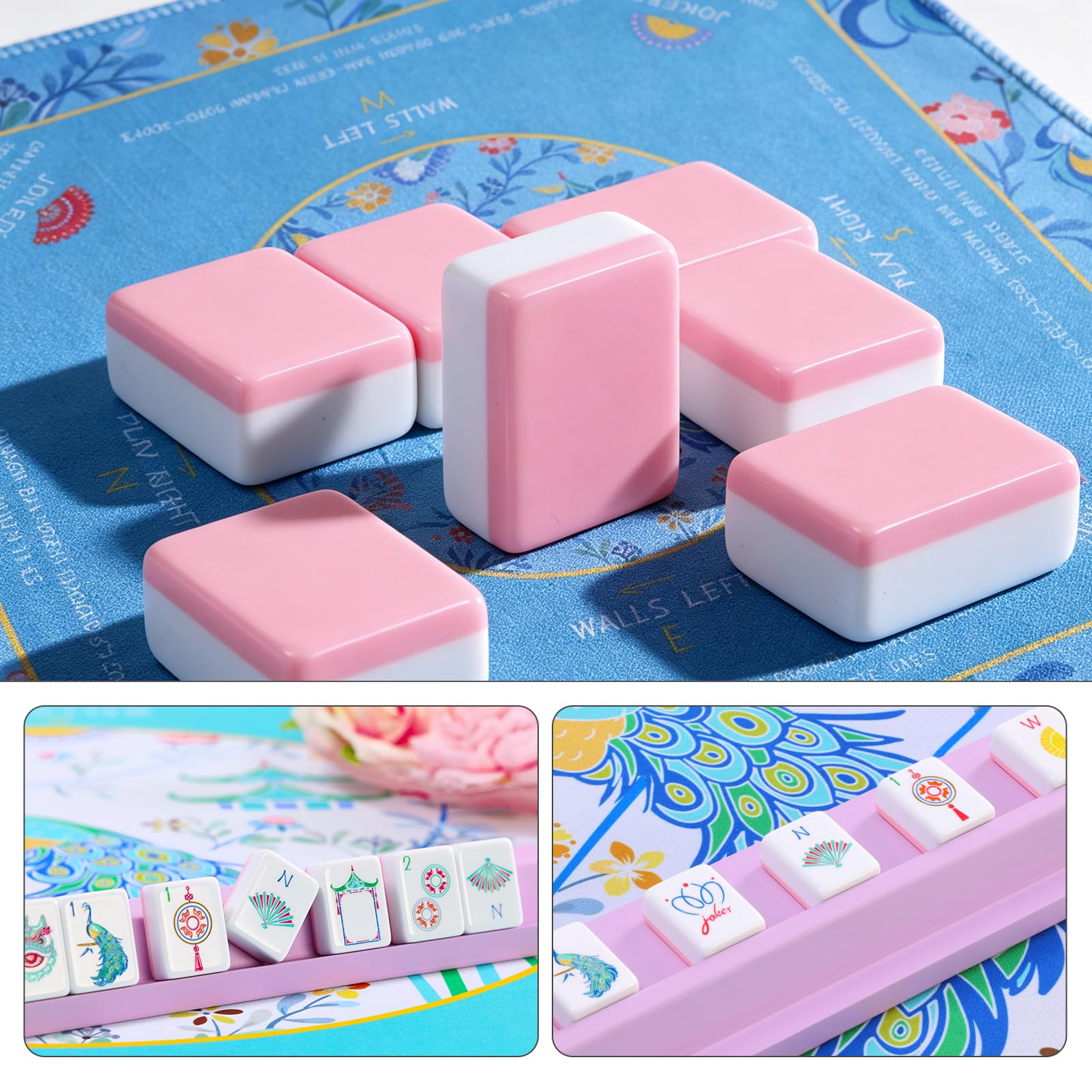 160 różowych grawerowanych amerykańskich płytek mahjong z torbą do przenoszenia i akcesoriami, zestaw płytek mahjong 3,5 cm