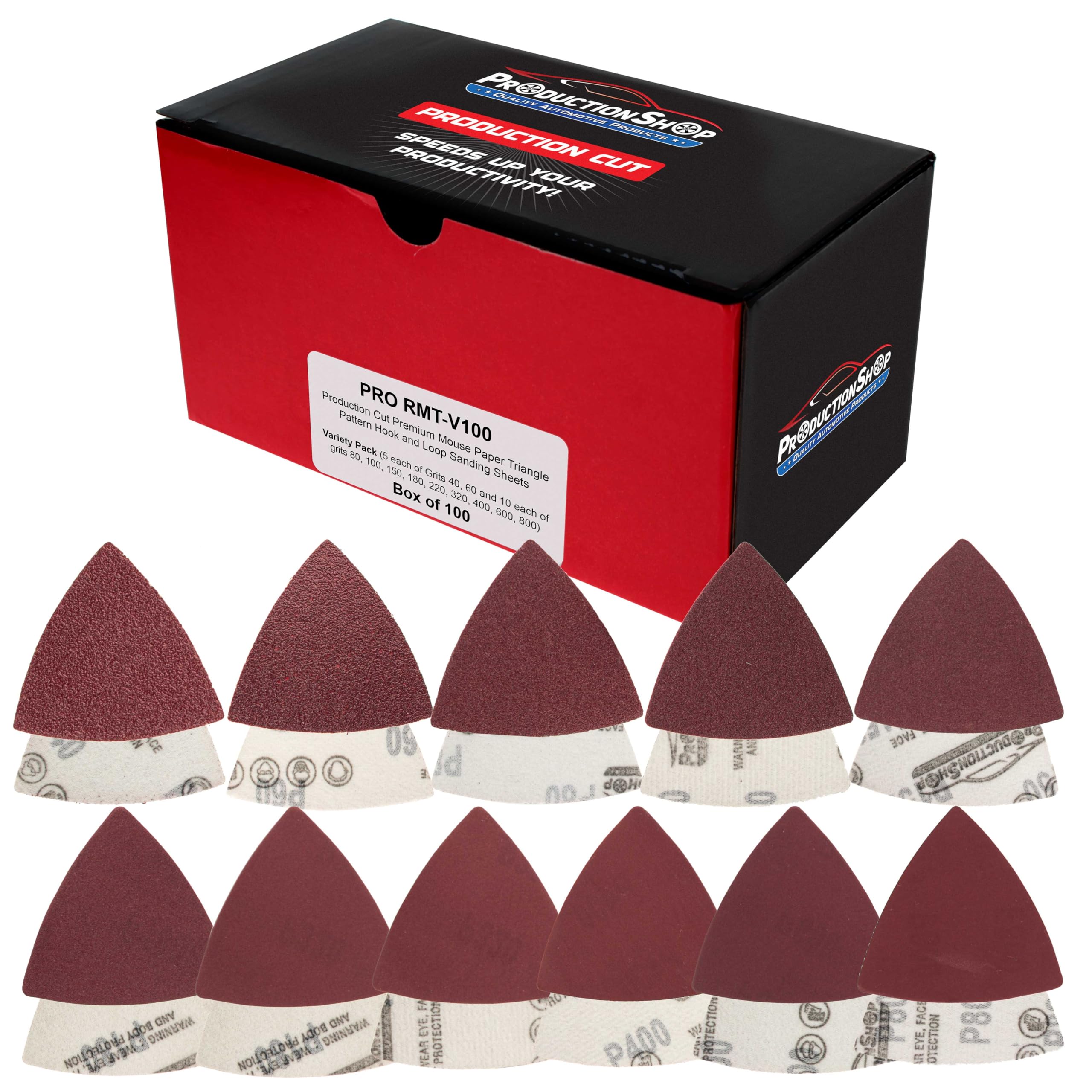 ProductionShop Premium Triangle Mouse Detail Sander Sandpaper Sheets, 100 Disc Variety Pack, Grits 40, 60, 80, 100, 150, 180, 220, 320, 400, 600, 800