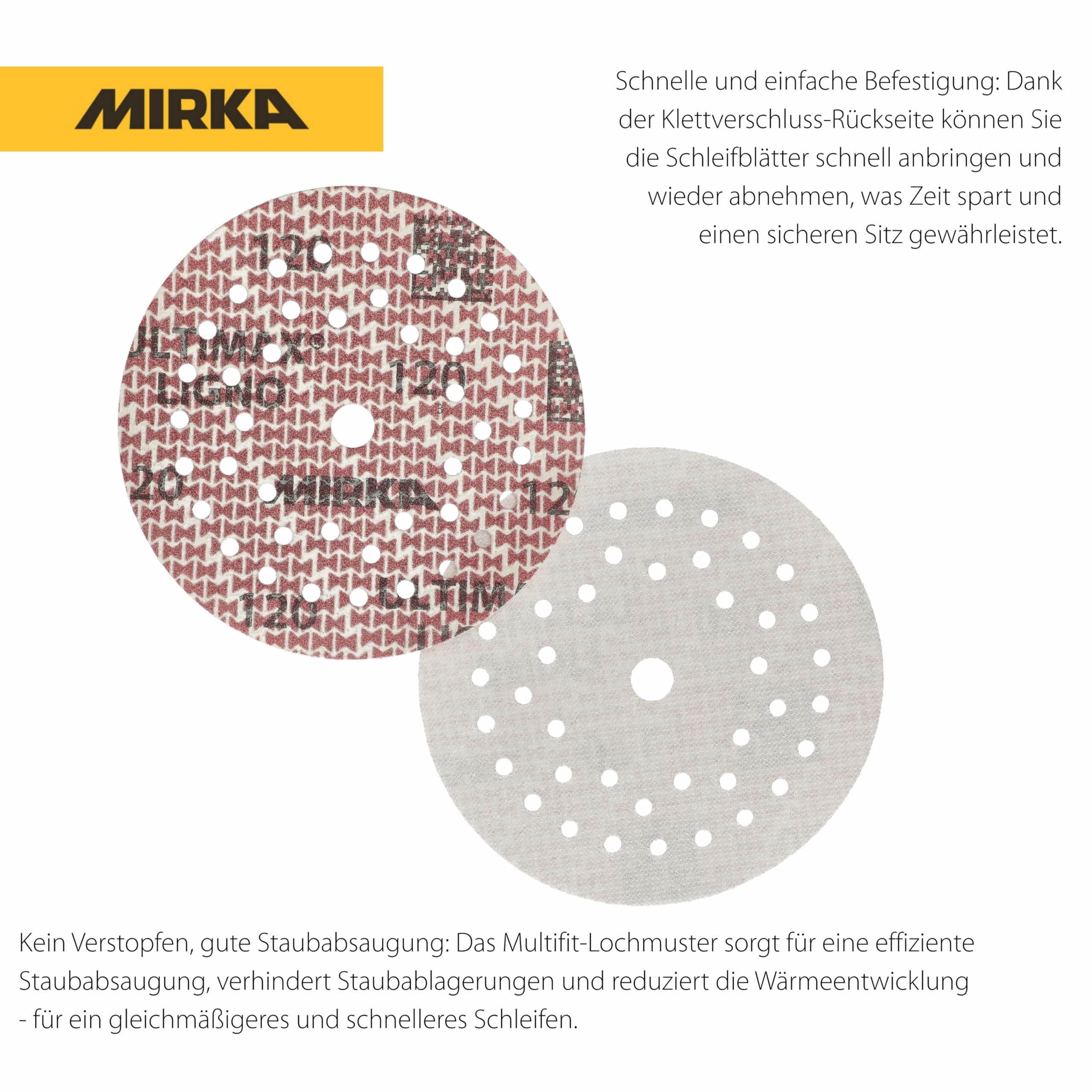 Mirka Schleifscheiben Ultimax Ligno Ø 125 mm Korn 120 Klett Multifit | Schleifscheiben mit Korn 120 für Holzoberflächen Multi-Lochung 100 Stück Klettverschluss kompatibel