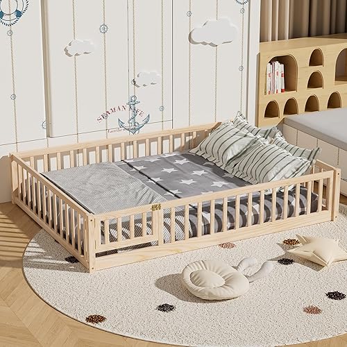 Miniatura 6 de Marco de cama Montessori de madera de tamaño individual con listones de madera, valla y puerta para niños, niñas y niños, espresso (con listones de