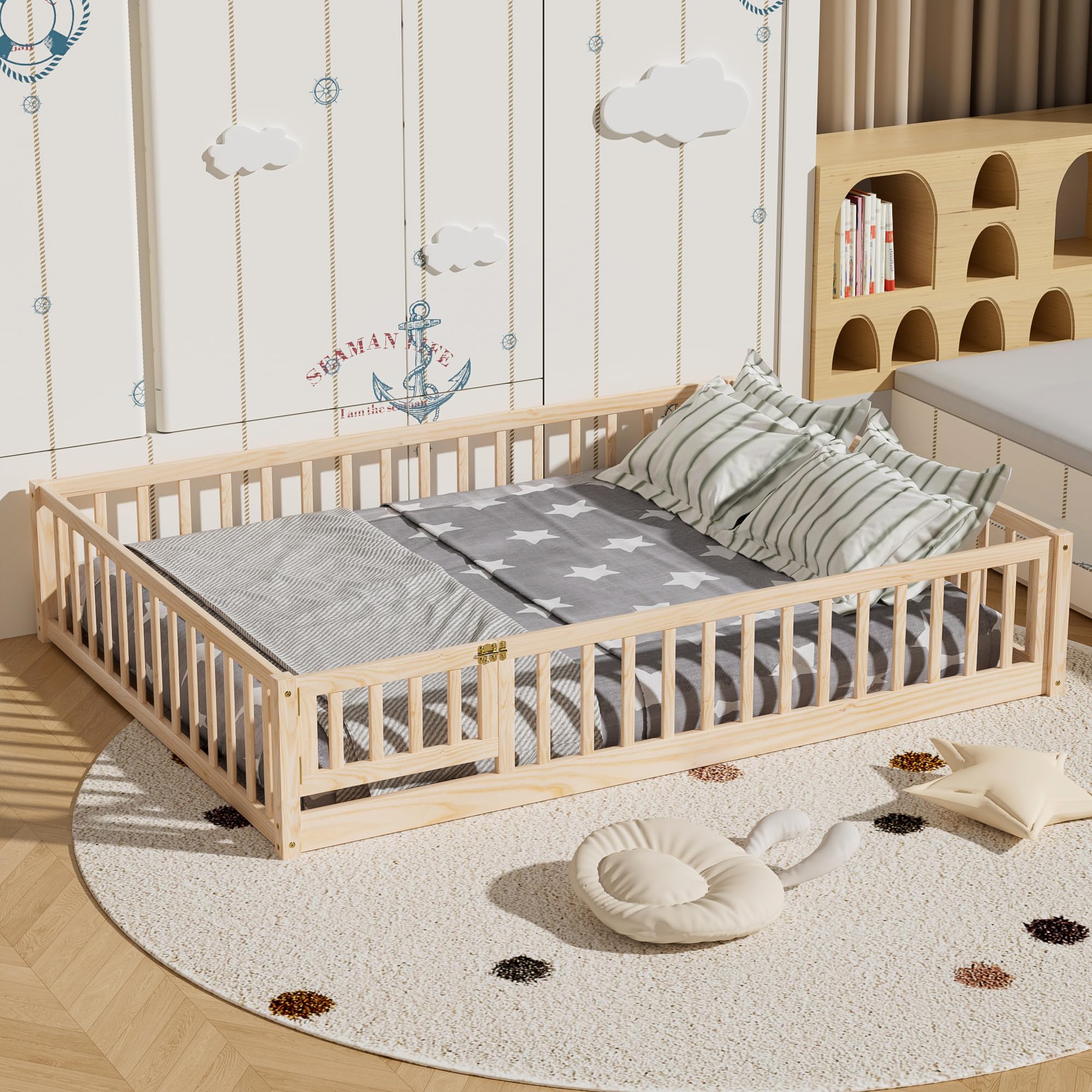 i-POOK Queen Floor Bed for Children, Sturdy Wood Montessori Bed Frame with Wood Slats, High Fence & Small Door, Montessori Floor Bed for Girls and Boys, Natural (with Bed Slats)