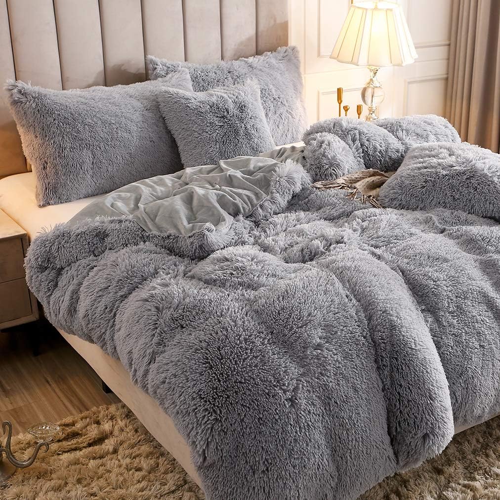 Up To 60% OFF Uhamho Solid Fluffy 1PC Faux Fur Plush Duvet Cover Luxury Shaggy Velvet Bedspread Zipper Closure (Gray, King)