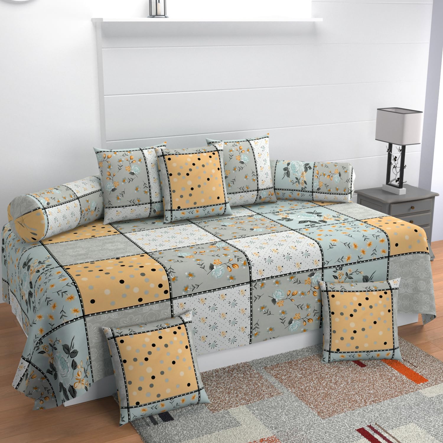 CHHILAKIYA Diwan Set Covers 100% Pure Cotton 8 Pieces Designer Printed Standard Diwan Set (1 Single Bedsheet(60x90 Inch) 2 Bolster Covers(16x32Inch) 5 Cushion Covers(16x16 Inch) (CRAEM-02)