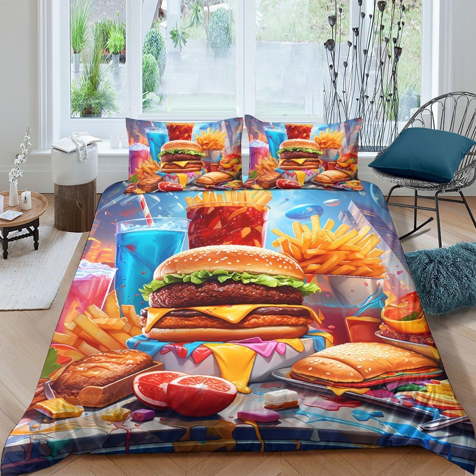 Ctjqhvkz Style-7 3D Printed Fast Food Fitted Sheet Microfiber Soft Colorful Burger Fries Pattern Bed Cover For Bedroom Dorm Mattress Decor Single（135X200cm）