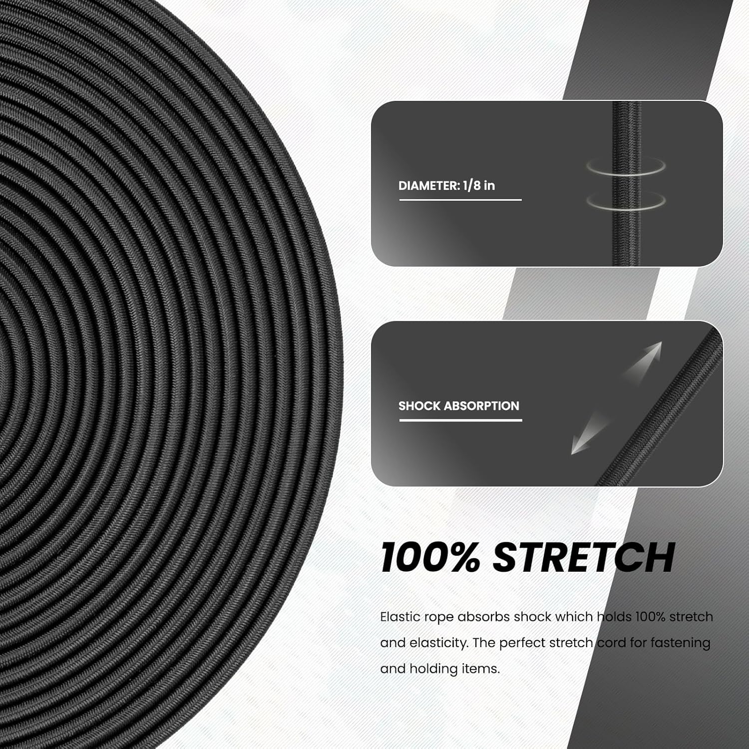 Bungee Cord 1/8in x 10ft Elastic Shock Cord 100% Stretch Elastic Bungee Rope for Tarpaulin, Trailer, Backpack, Tent Pole, Kayak - Black