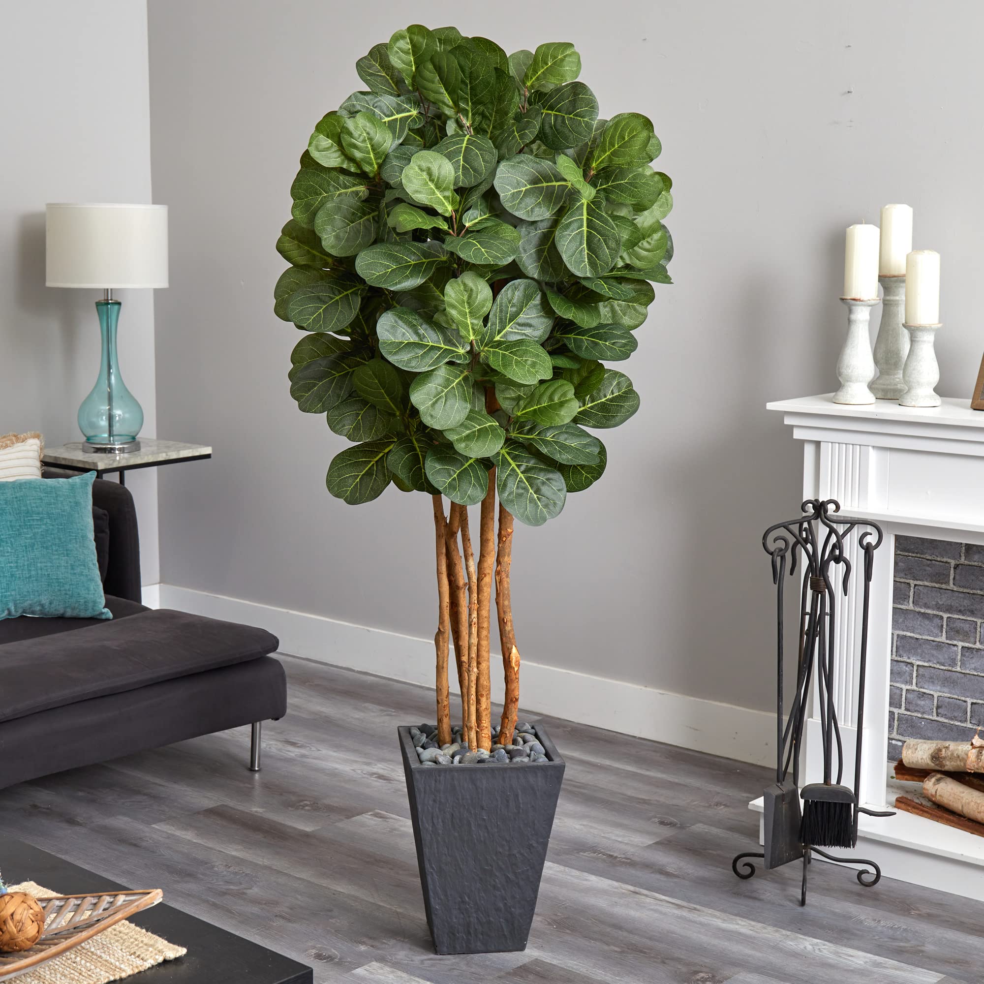 Nearly Natural 5717 Fiddle Leaf Artificial Tree in Green Tin Planter, 4.5'