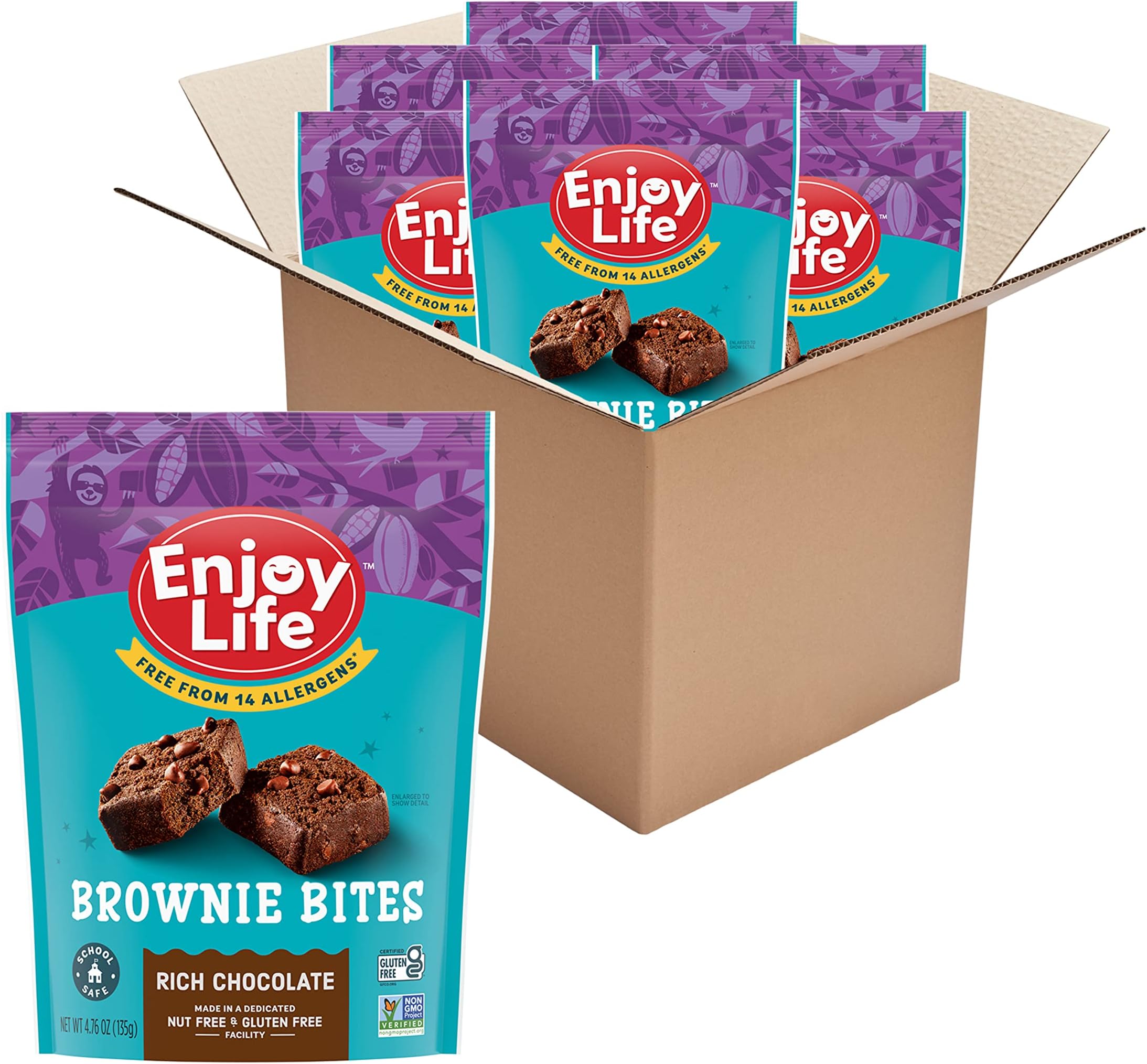 Enjoy Life Rich Chocolate Brownie Bites, Soy Free, Dairy Free, Non GMO, Gluten Free, Vegan, Nut Free Brownies, 6 Pouches