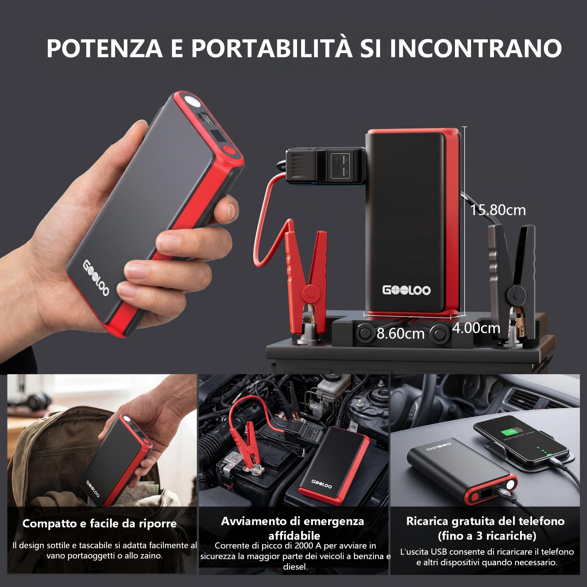GOOLOO Avviatore di emergenza GE2000 2000A con morsetti in metallo intelligenti e ricarica rapida | 8L Gas / 6L Diesel compatibile, USB-A Fast Charging Port, Luce di emergenza LED, 12 V batteria auto Booster per auto e SUV