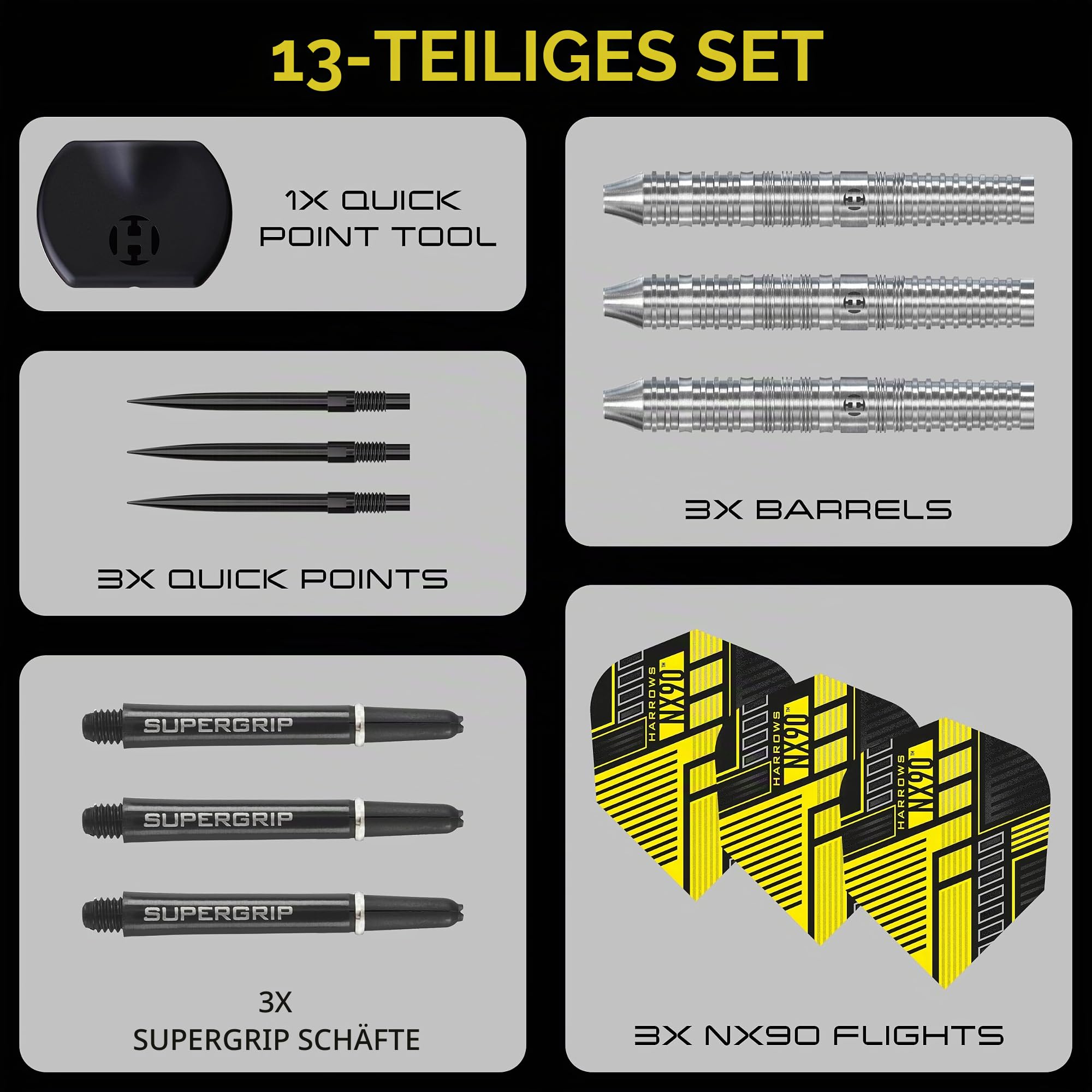 Harrows NX90 Parallel Shape Dartset | Professionelles Dartset mit 90% Wolfram-Stahlspitzen | 10-teiliges Set mit schwarzen Supergrip Midi-Schäften und NX90 Flights