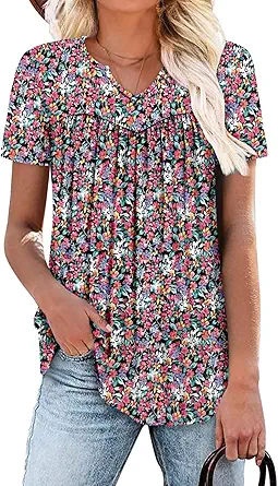 KISSMODA Tops for Womens Summer Cute Short Sleeve Shirts Trendy Notched Neck Blouses Casual Loose Pleated Tunics S-3Xl
