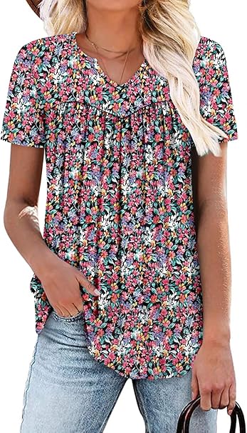 KISSMODA Tops for Womens Summer Cute Short Sleeve Shirts Trendy Notched Neck Blouses Casual Loose Pleated Tunics S-3Xl