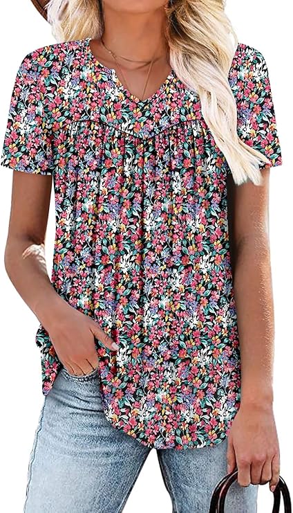 KISSMODA Tops for Womens Summer Cute Short Sleeve Shirts Trendy Notched Neck Blouses Casual Loose Pleated Tunics S-3Xl