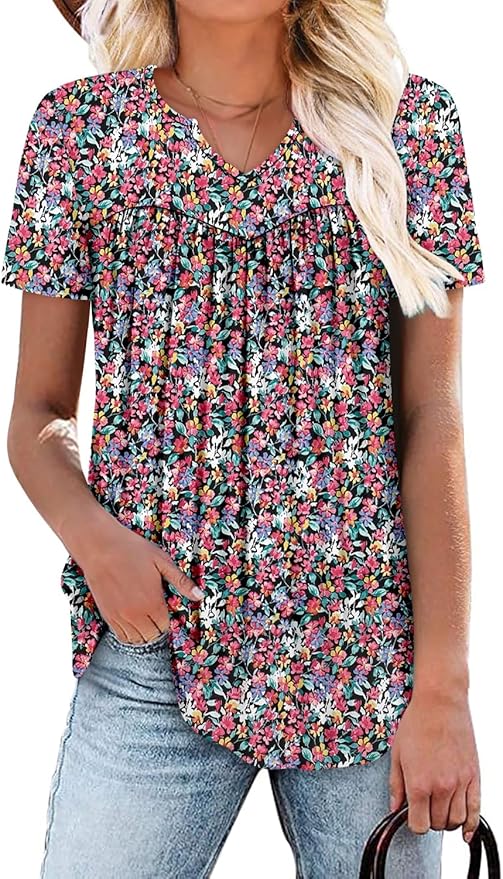 KISSMODA Tops for Womens Summer Cute Short Sleeve Shirts Trendy Notched Neck Blouses Casual Loose Pleated Tunics S-3Xl