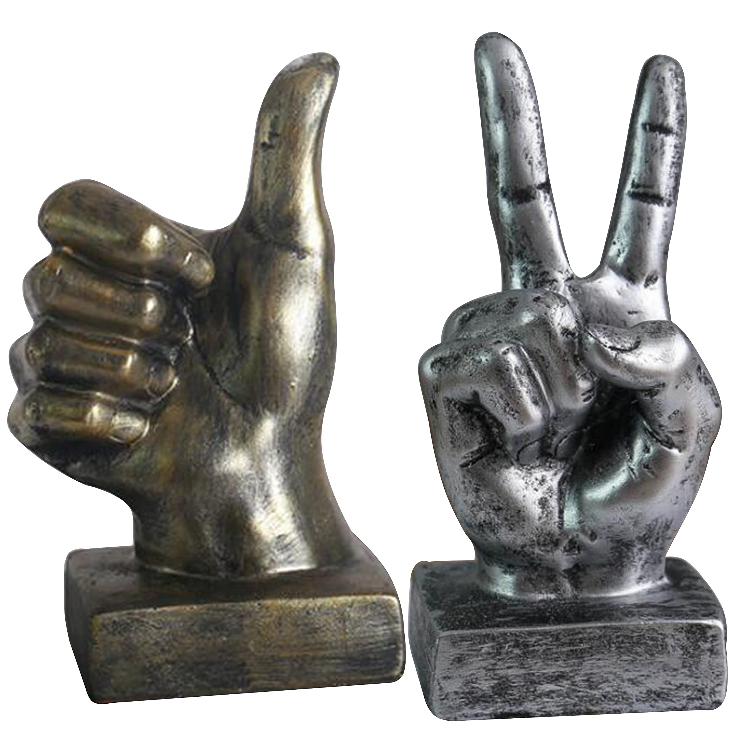 FlikoolSet of 2 Creative Gesture Statue in Resin Home Decor Sculpture Modern Finger Hand Gesture Figurine Arts Crafts Handmade Desktop Ornaments for Bookshelf Cabinet Decoration - Praise + Victory