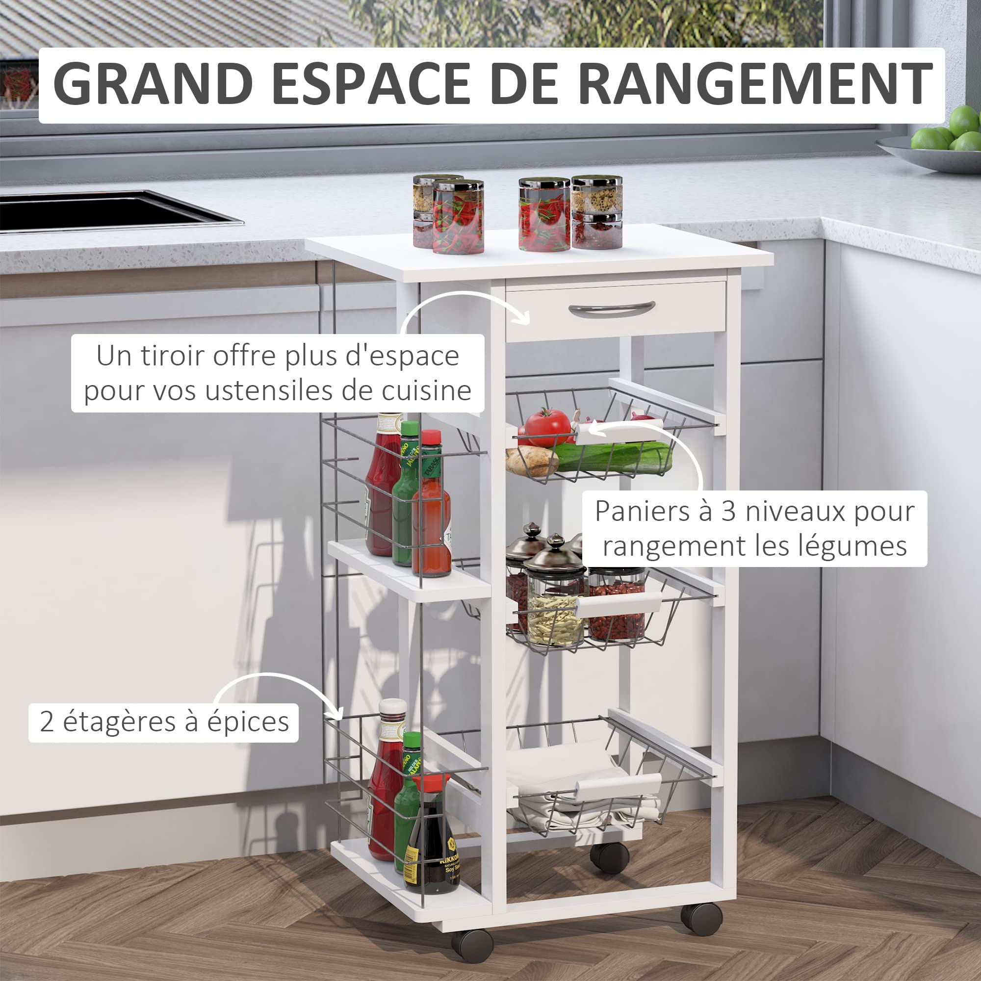 HOMCOM Chariot de Service Desserte de Cuisine à roulettes Bois Pin Blanc | Multi-Rangements, 3 Paniers Métal, Tiroir, 2 Range-Bouteilles