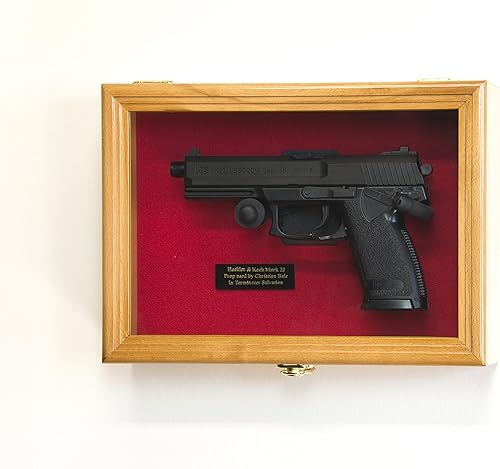 Vitrina de pistola individual para montaje en pared, gabinete de madera maciza (acabado de roble, fondo de fieltro rojo)