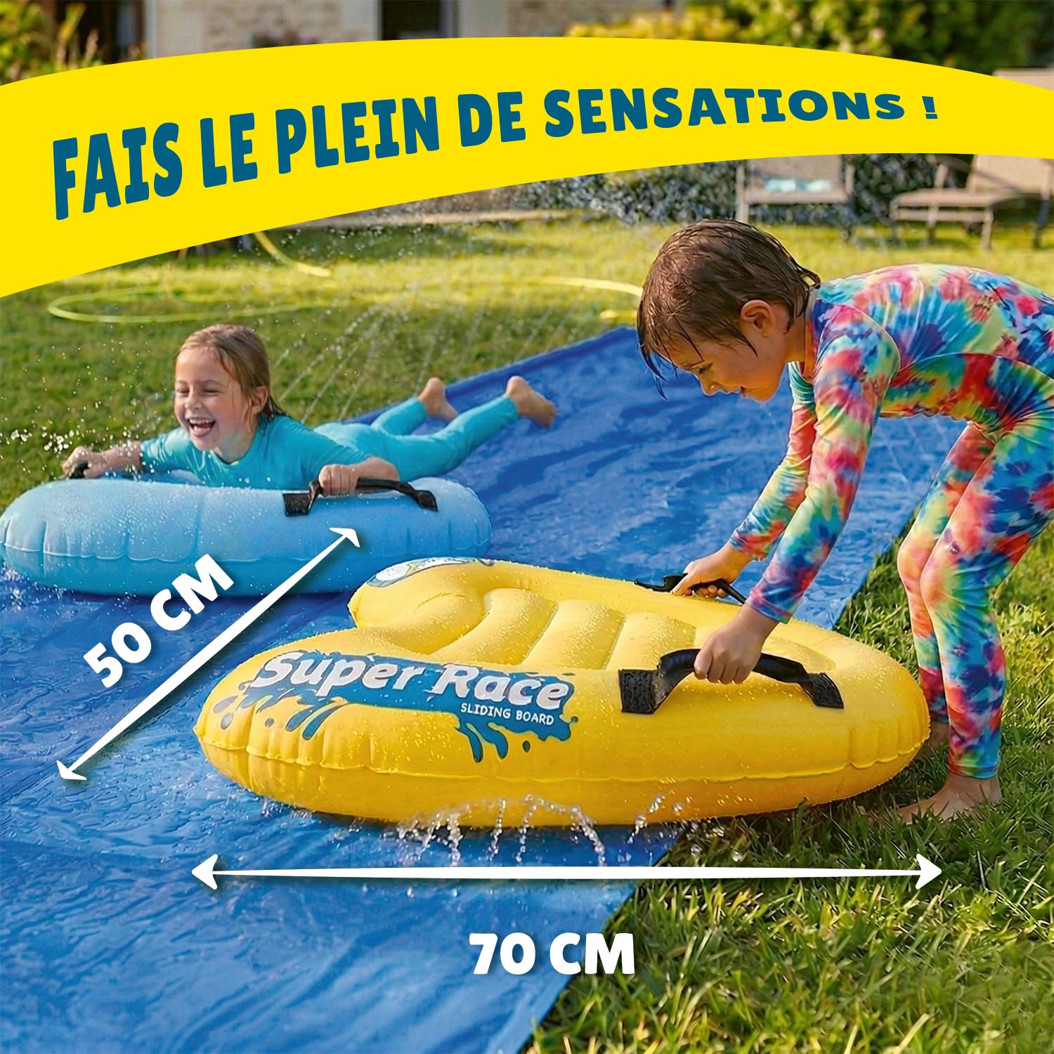 Pack Ventriglisse Géant XXXXL 20 Mètres | 2 Tapis de Glisse 10 Mètres + 2 Planches Bodyboards pour Mieux Glisser + 1 Litre Savon Naturel Extra-Glissant | Slip'n Slide Jeux d'eau | OriginalCup
