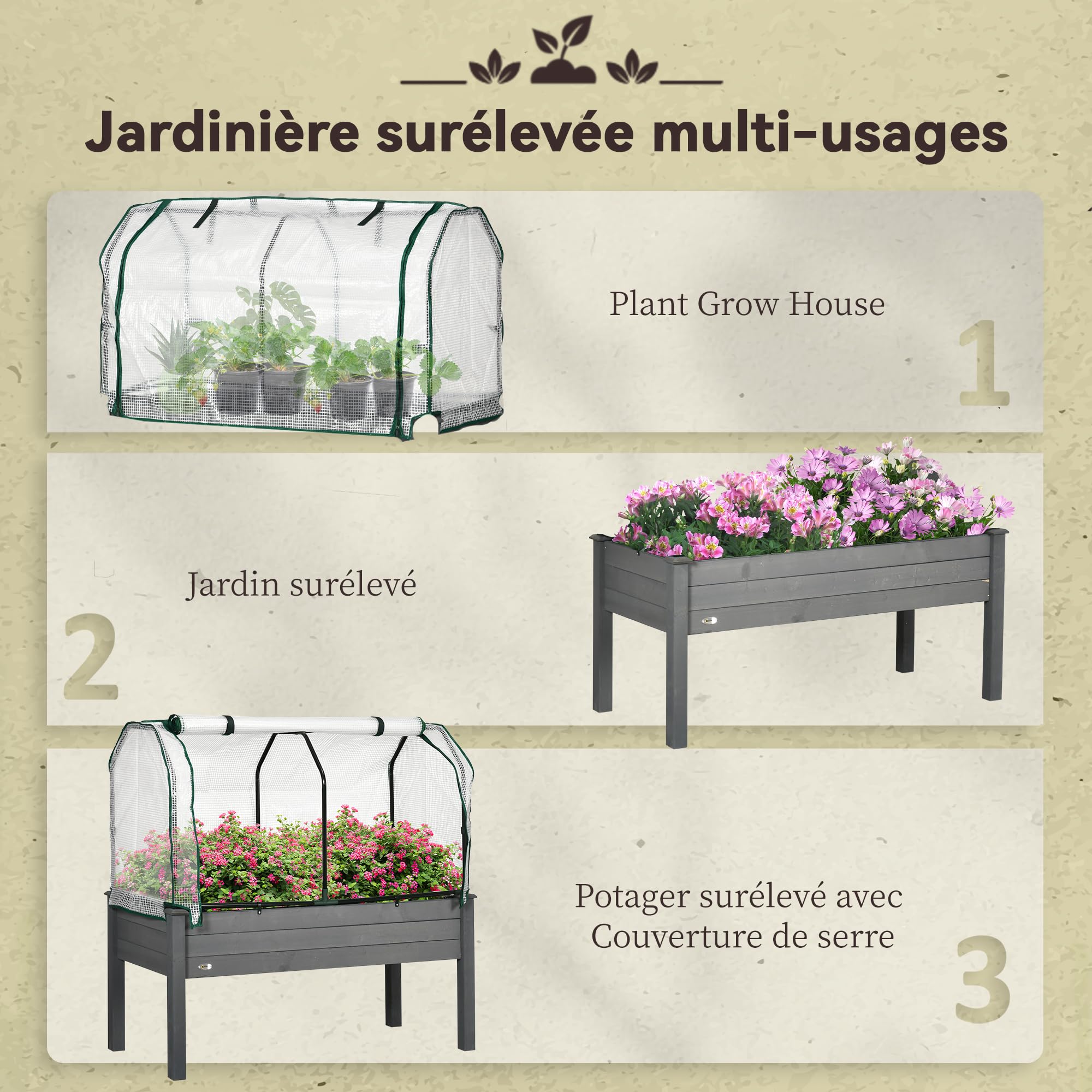 Outsunny Potager sur Pieds surélevé avec bâche en PE Jardinière surélevée Potager avec Serre Volume 104 L avec Trous de Drainage, Tissu Non tissé, pour Plantes Fleurs Légumes, 121x55x117cm Gris foncé