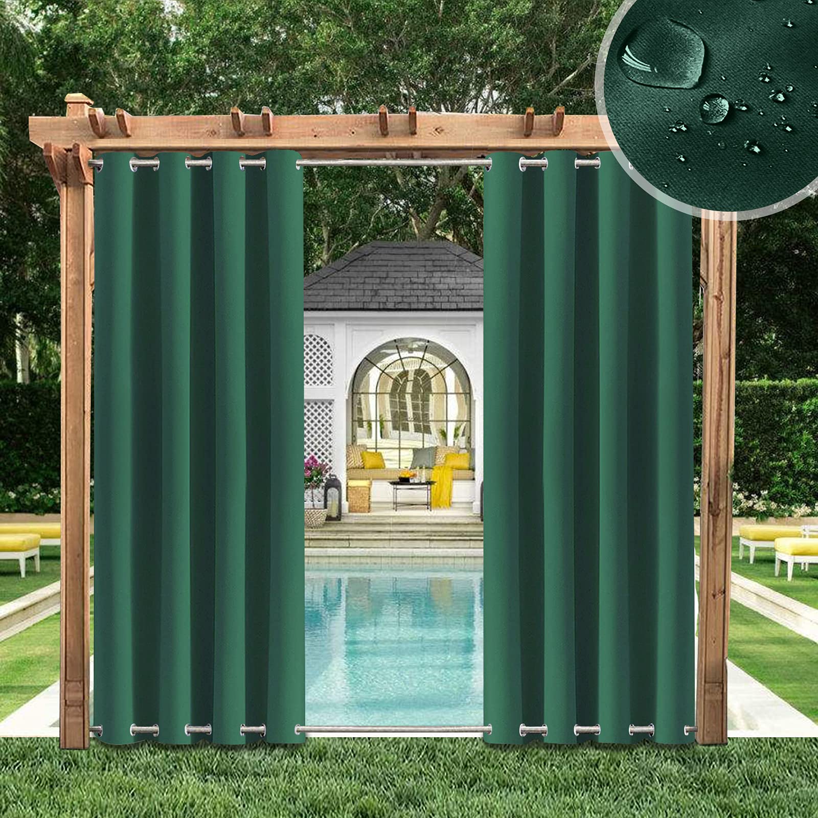 ele ELEOPTION Cortinas de Exterior Impermeables, Resistentes Viento, con Ojales Superior e Inferior, Cortina Opaca con Protección UV, para Balcón, Jardín, Patio, 4 Pieza/132 x 213 cm, Verde Oscuro