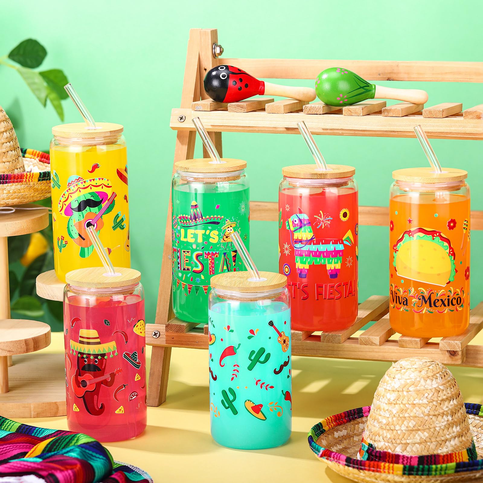 Layhit 6 vasos de cristal mexicanos de 16 onzas con tapa de bambú y pajita, vaso de café para fiesta del Cinco de Mayo, decoración de fiesta, vaso mexicano para taco, suministros de fiesta de