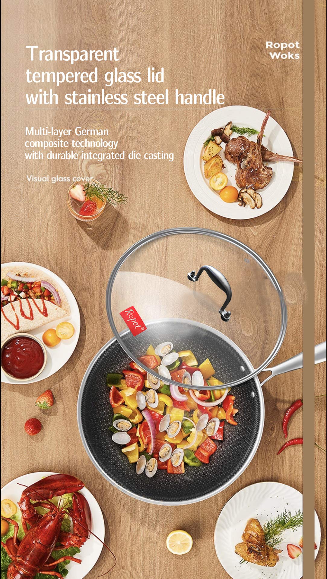 Ropot Woks-3 PC Honeycomb Non-Stick Stainless Steel Wok with