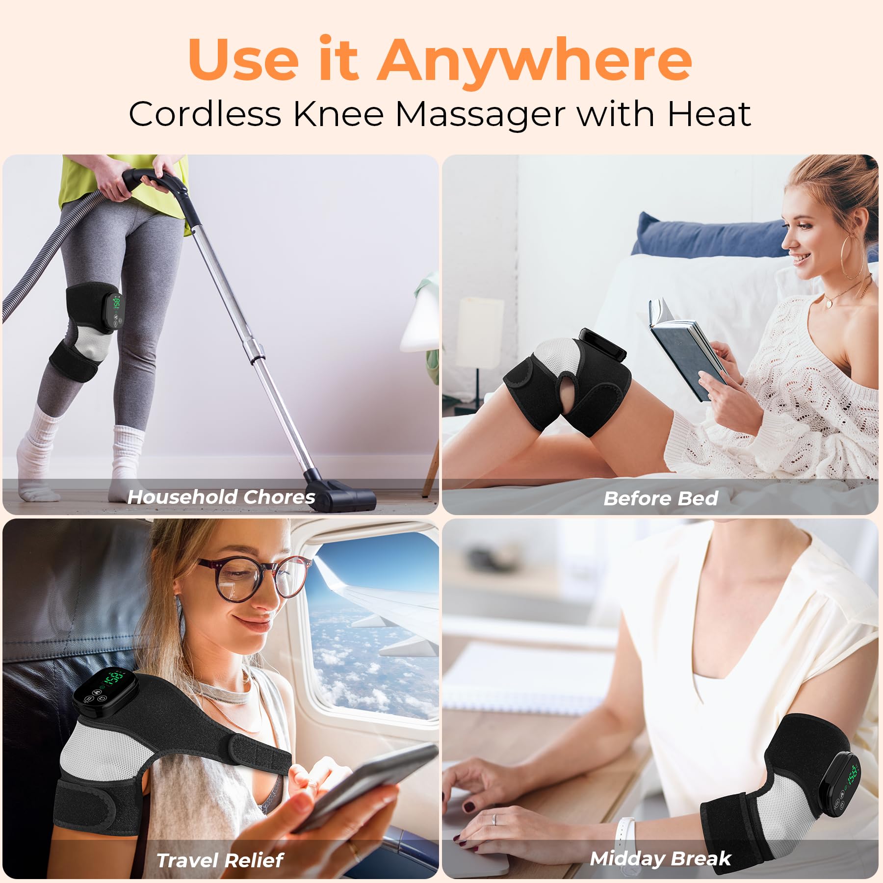 Kniemassagegerät mit Wärme & Vibration, Beheizte Kniebandage zur Entspannung, Kabelloses elektrisches Heizkissen für Knie, Ellenbogen & Schulter, Geschenk für Männer, Frauen, Papa & Mama
