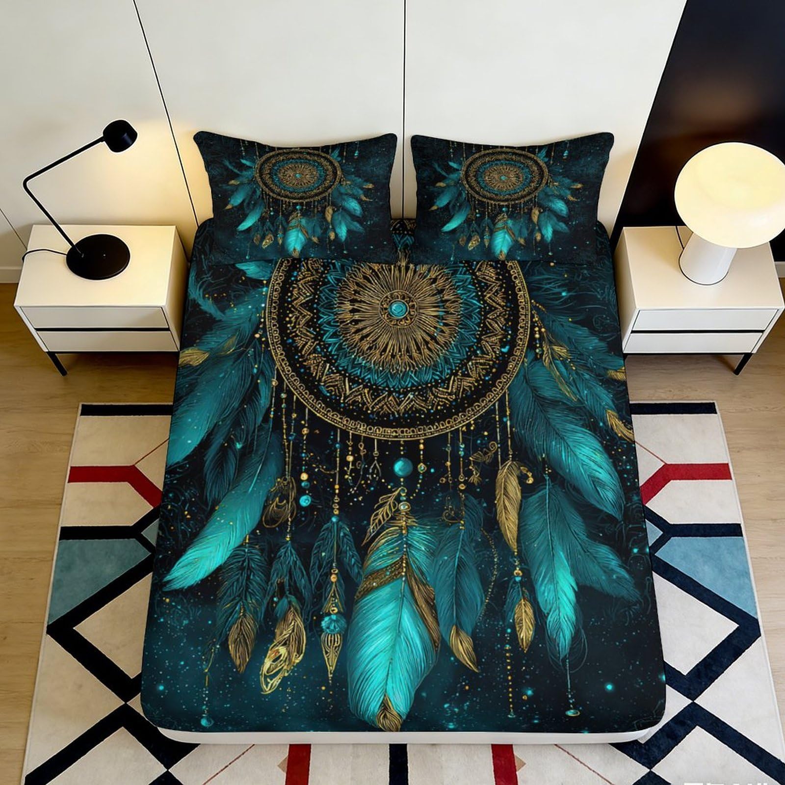 Pnayamiorkfel Style-1 3D Printed Dreamcatcher Fitted Sheet Microfiber Turquoise Gold Feather Bed Cover For Bedroom Dorm Mattress Decor Protection 90X200x25cm