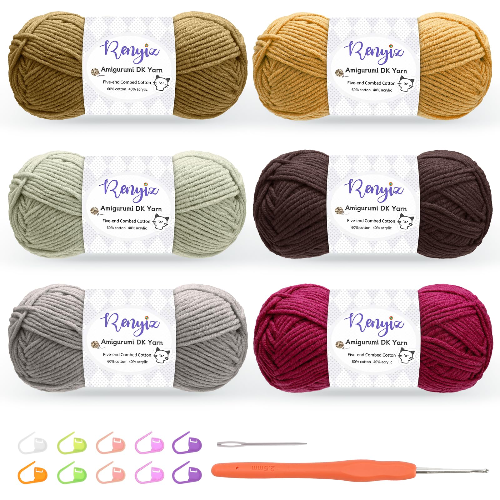 Renyiz Wolle zum Häkeln 6 x 50g Häkelgarn (60% Baumwolle, 40% Acryl) mit 2,5mm Häkelnadel & Zusatzzubehör, Ideal als Babywolle, Strickwolle, Häkelwolle und Baumwollgarn zum Häkeln Braun