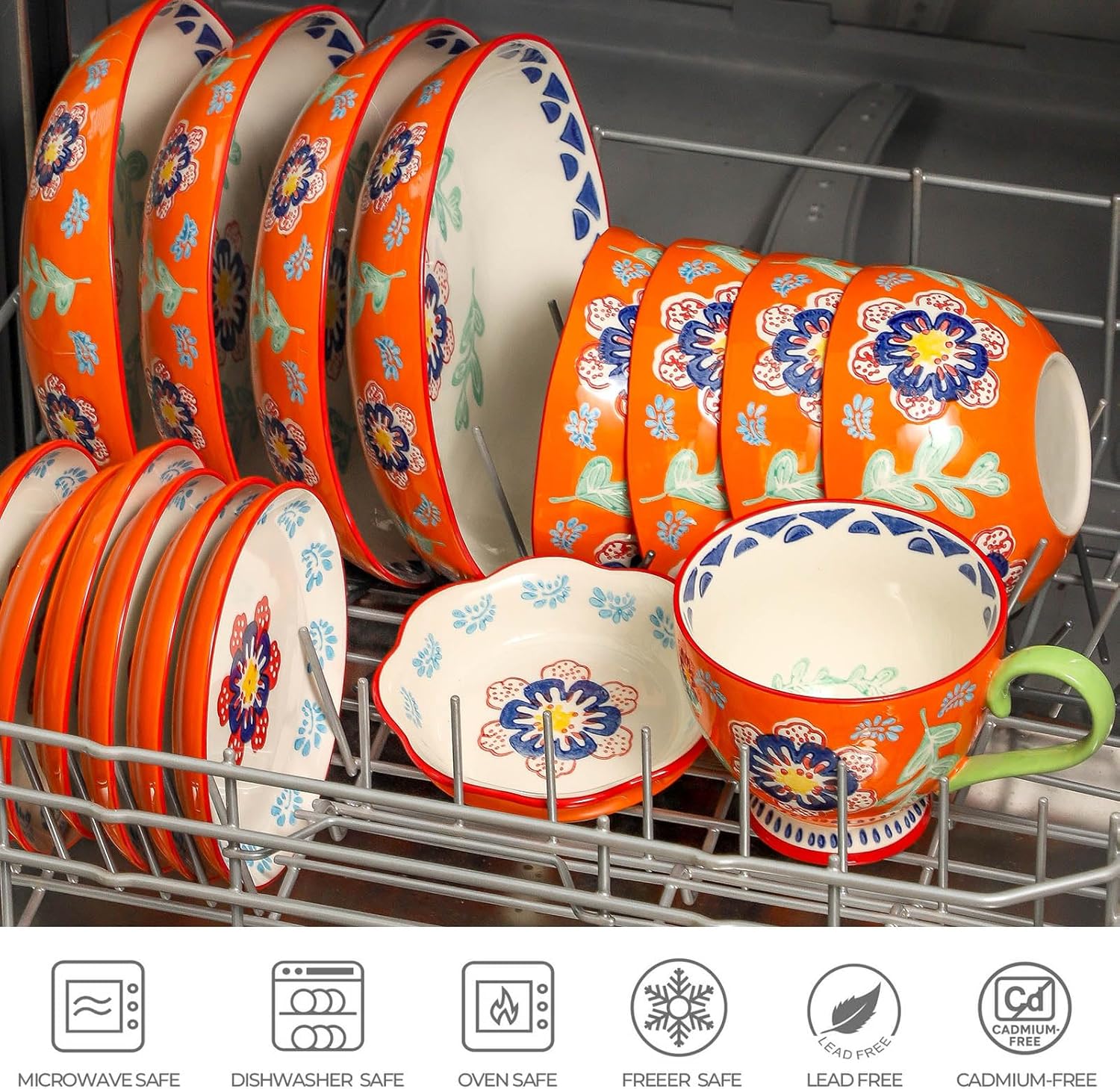 UniqueLife Hand-Painted 6" Cereal Bowls Set of 4, 17/24 Oz Ceramic Soup Bowls, Assorted Designs, Microwave Dishwasher Oven Safe, Organic Shape for Oatmeal, Salad, Rice & Ramen – Warm Orange