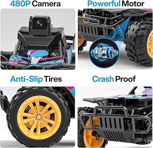 Miniatura 8 de Camión RC con cámara, auto de control remoto FPV de 2.4 GHz con pantalla LCD de 2.4 pulgadas, automóvil RC con cámara ajustable de 45, 2 modos de