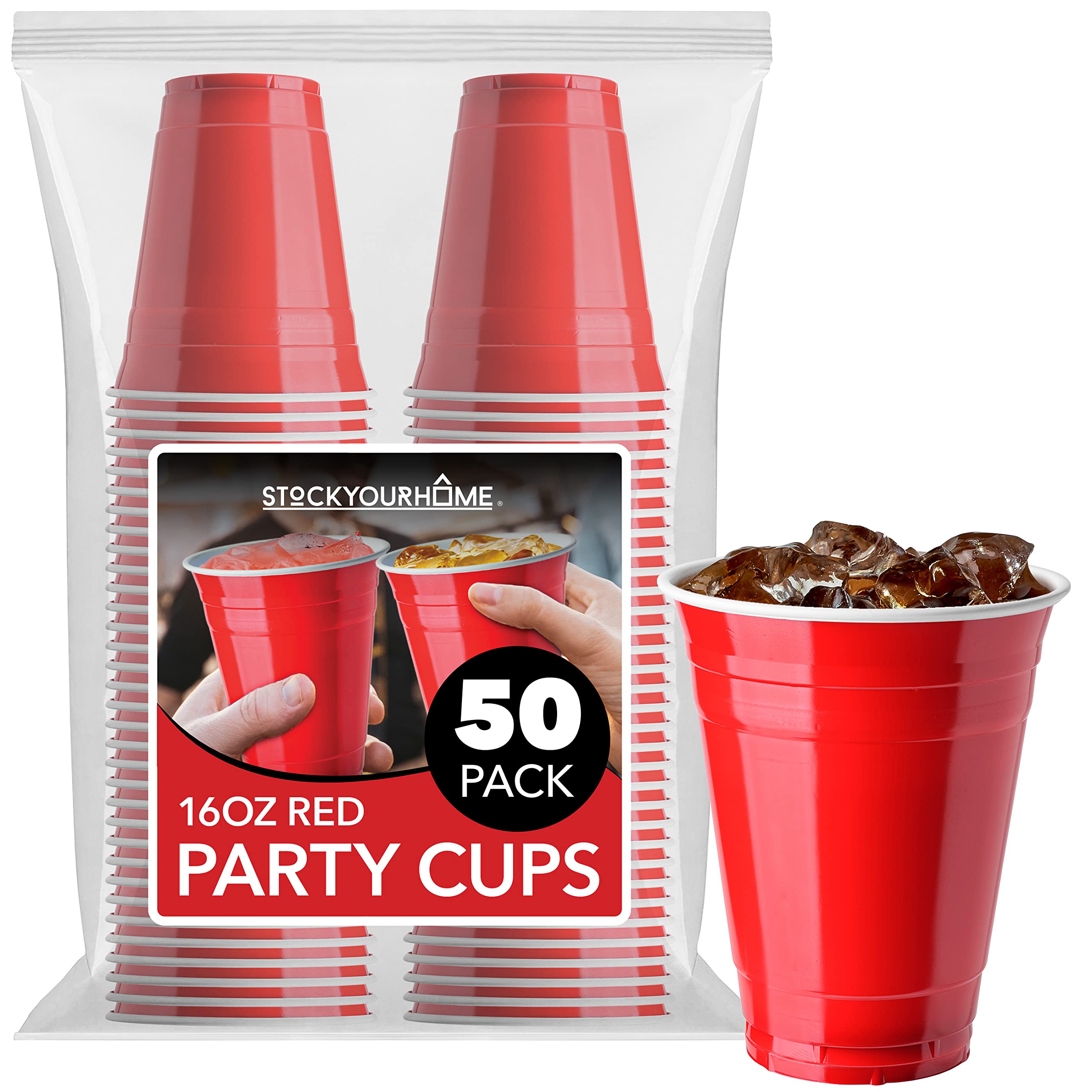 Stock Your Home 16-Ounce Plastic Party Cups in Red (50 Pack) - Disposable Plastic Cups - Recyclable - Red Cups with Fill Lines - Reusable Plastic Cups for Drinks, Soda, Punch, Barbecues, Picnics