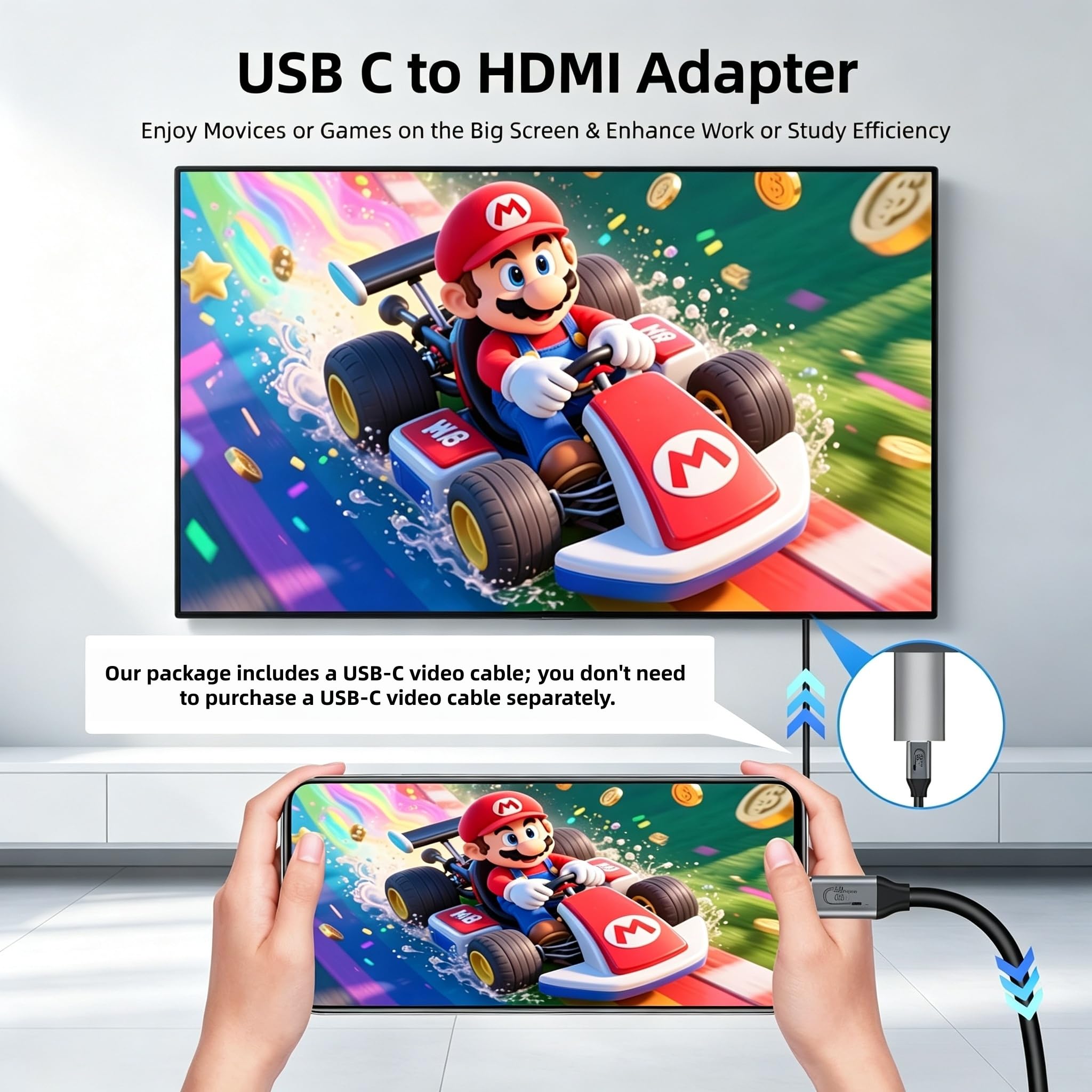Lot de 2 adaptateurs USB C femelle vers HDMI mâle avec câble vidéo USB, 4K @ 60 Hz, source USB de type C unidirectionnel vers HDMI 2.0, convertisseur Thunderbolt 3/4 vers HDMI pour i-/Phone 17 MacBok