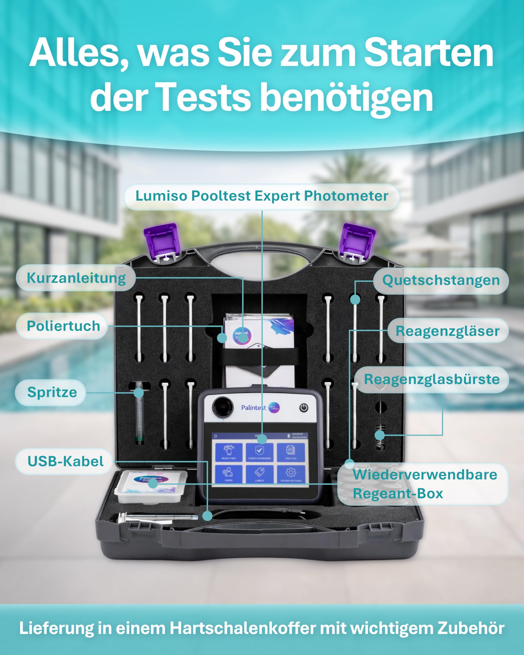 Palintest Lumiso Pooltest Expert Photometer Kit | 35-Parameter Pool- & Spa-Wasseranalyse | IP67 Tisch-Photometer mit Datenlogging & Touchscreen | Reagenzien & Hartschalenkoffer
