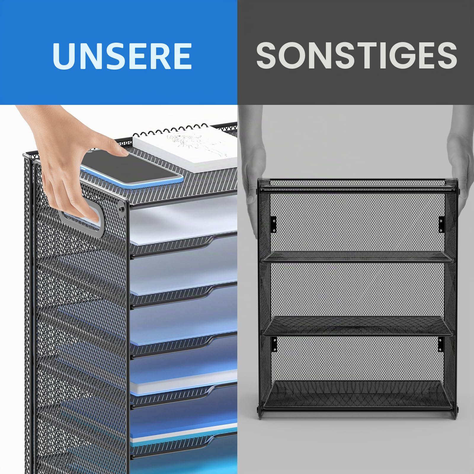 OUTWOLF Schreibtisch Organizer mit Griff, 8 Ebenen Briefablage Stabile Metall-Ablagefächer, Ablagefächer Bürobedarf für A4 Dokumentenablag, Papier, Buch, Magazin (Schwarz)