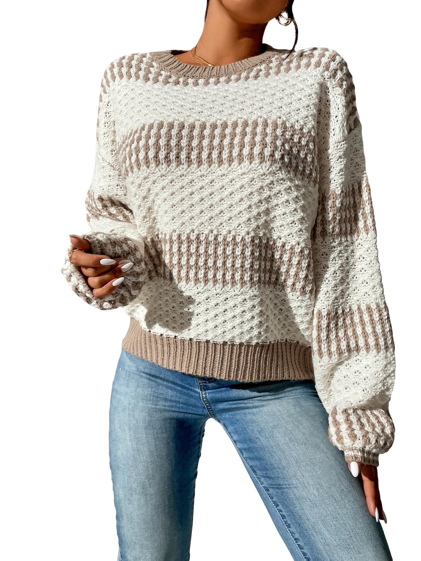 Verdusa Womens Colorblock Crochet Sweater Elegant Knit Tops Trendy Fall Pullovers