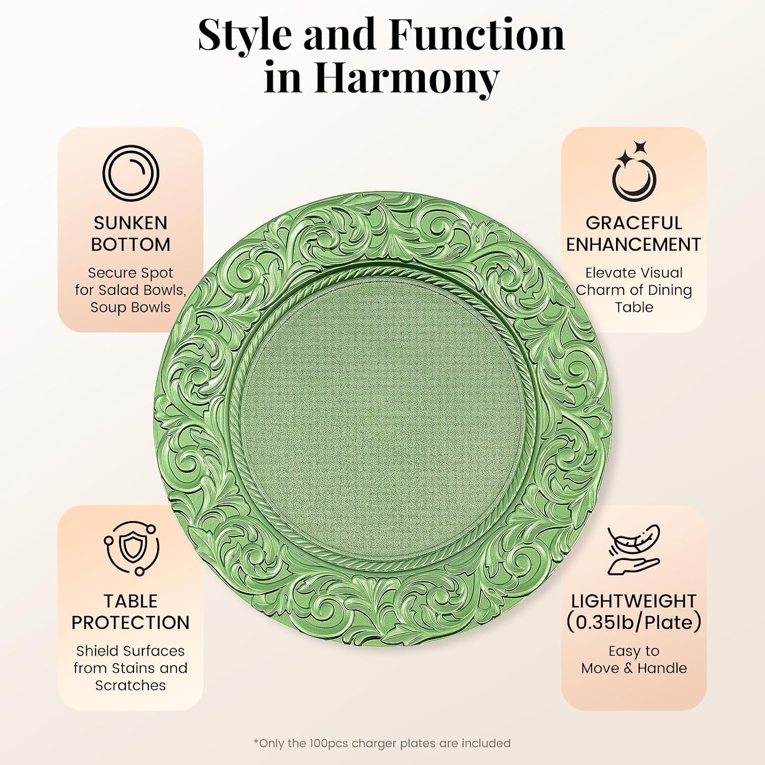 Lot De 100 Assiettes De Présentation Rondes De 33 Cm En Plastique, Bord En Relief, Réutilisables, Pour Mariage, Dîner, Banquet Et Décoration Intérieure, Noir (or) Green