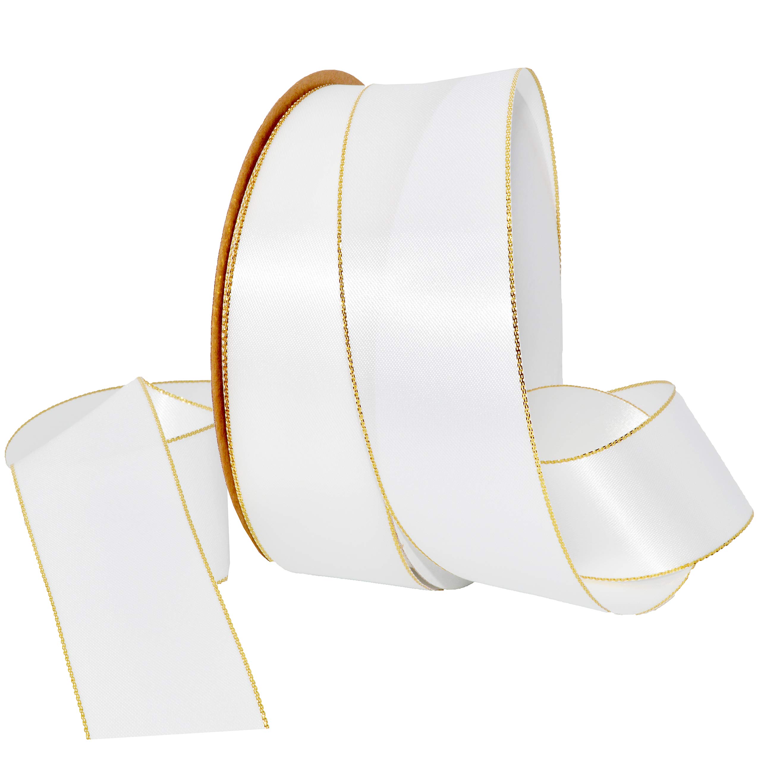 Morex Ribbon 8801.38/50-029 Nastro di raso con bordo dorato, 3,8 cm x 91,4 m, bianco