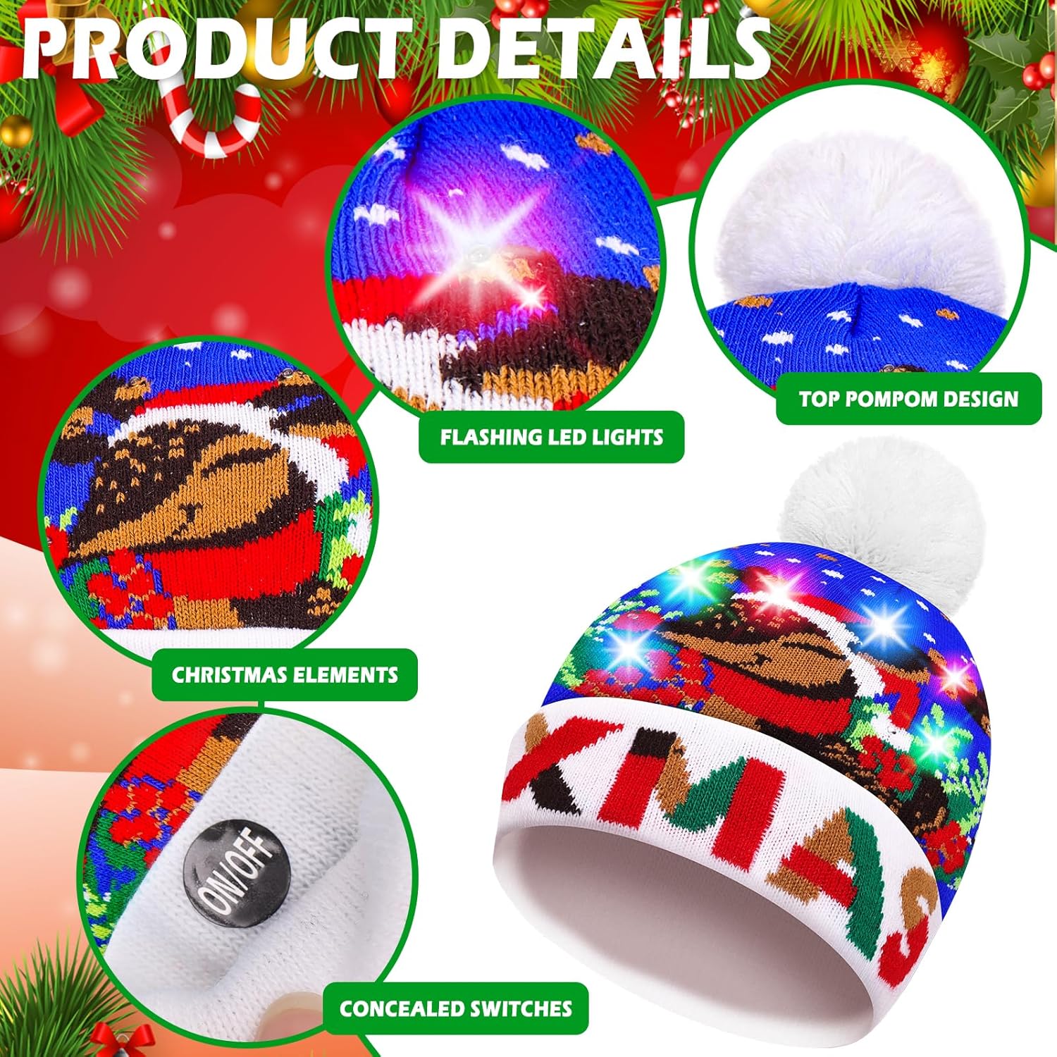 MGparty 6 Pack Christmas Hats LED Light Up Beanie Knit Hats Holiday Winter Snow Caps for Adults Kids - Image 3