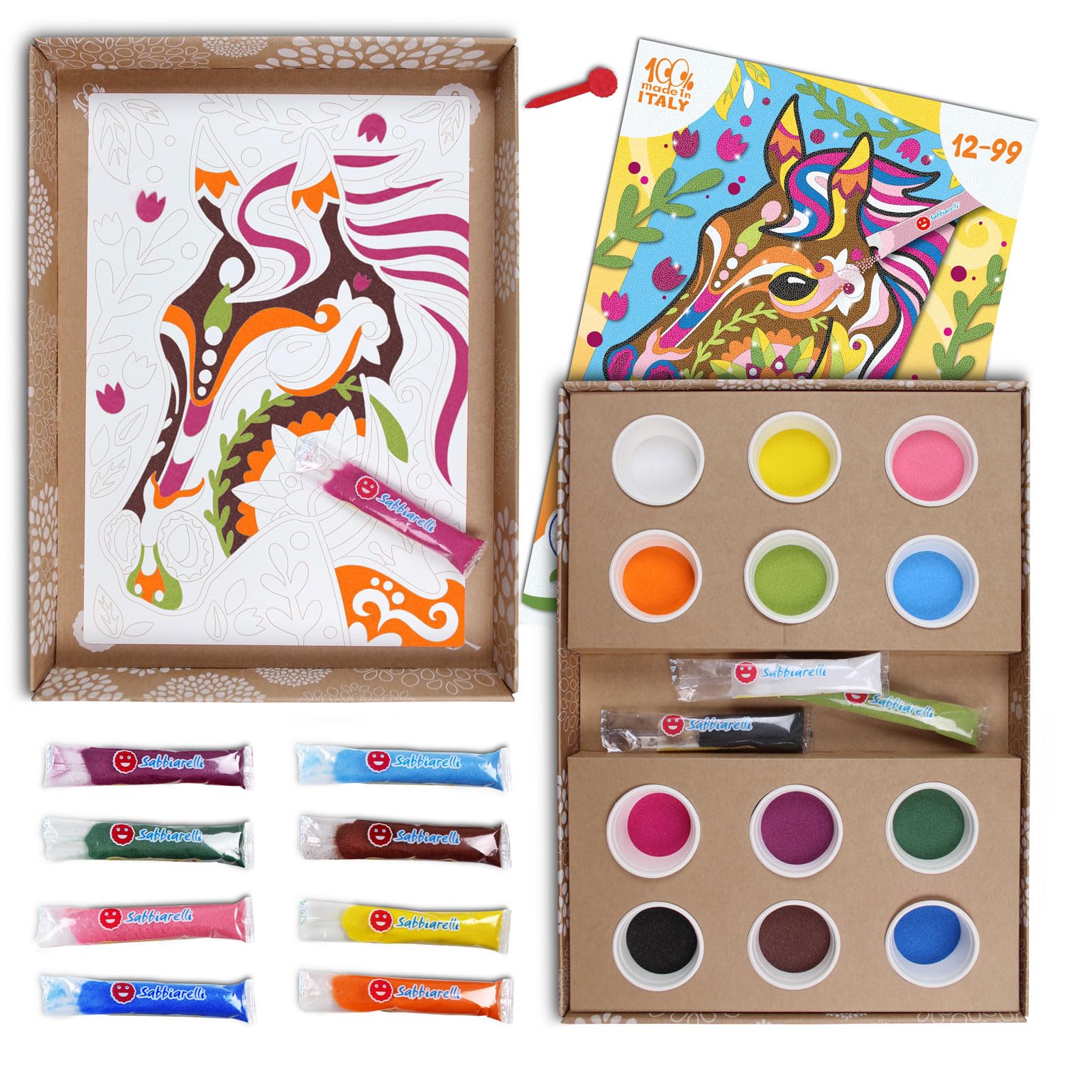 Sabbiarelli Sand-it For Fun – Maxi Set Mandala Cavallo 12-99 | Kit di Sand Art 100% Made in Italy con Sabbia Colorata, 1 Poster Adesivo e Accessori | Hobby Creativo Facile, Relax per Ragazzi e Adulti