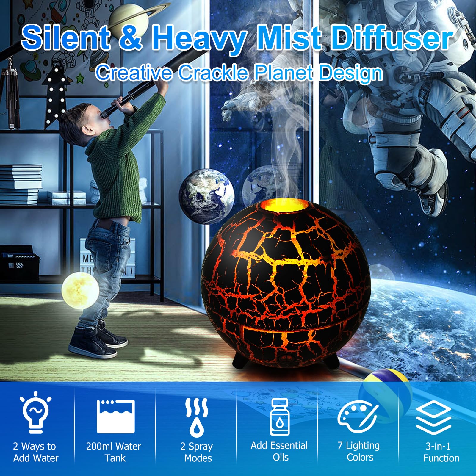 Essential Oil Diffuser for Bedroom, Scent Diffusers for Home-200ML, Aromatherapy Diffuser with 2 Spray Modes, 7 Colors, Auto Shut-Off, Cool Mist Humidifier for Office, Home, Gaming Room, Party